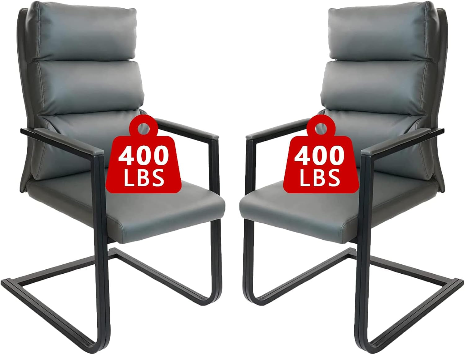 Gray Leather Big And Tall Guest Chair Set Of 2 Sled Base
