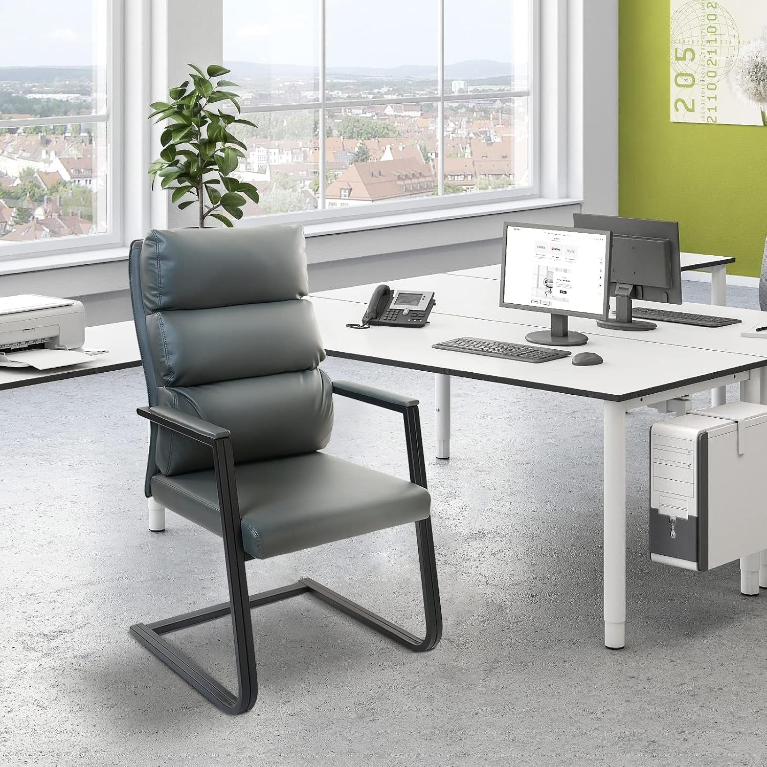 Gray Leather Big And Tall Guest Chair Set Of 2 Sled Base