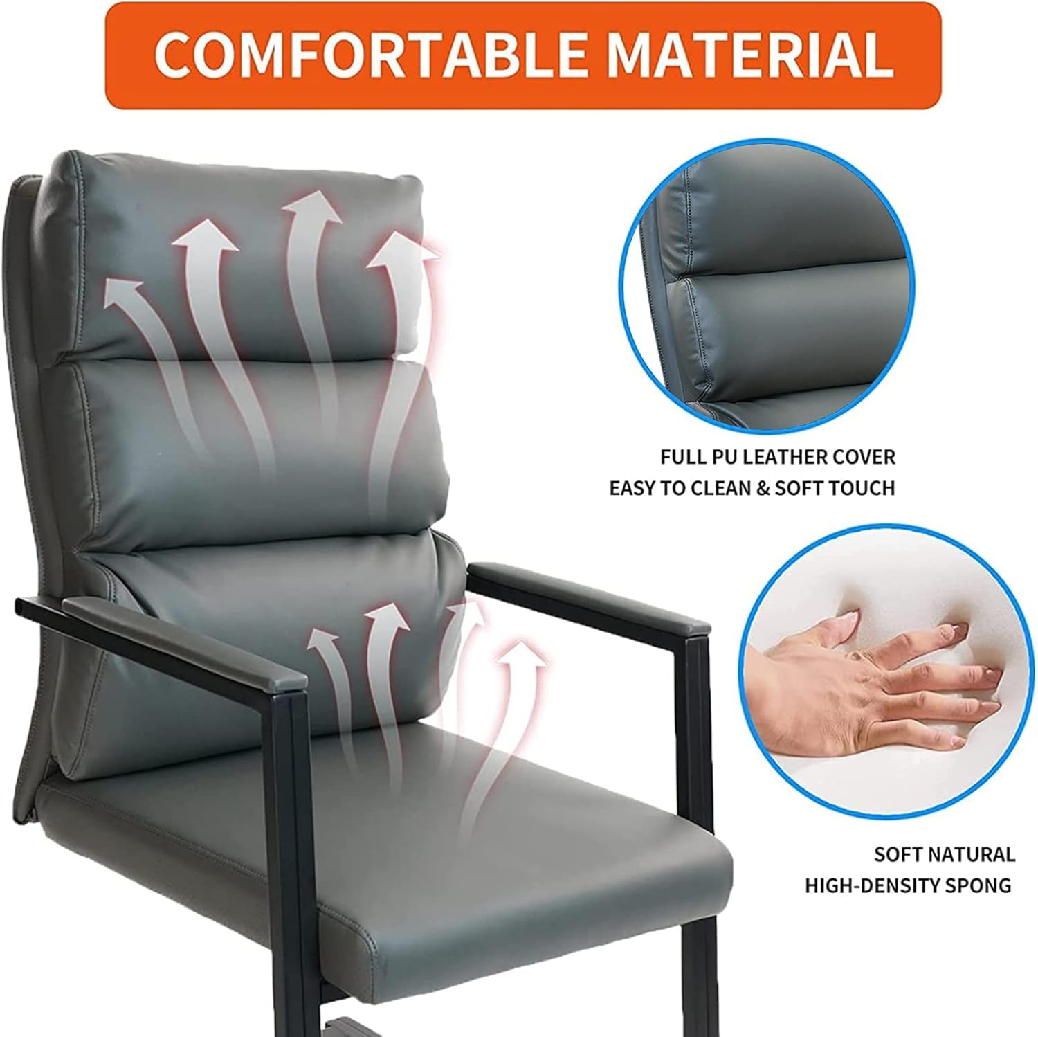 Gray Leather Big And Tall Guest Chair Set Of 2 Sled Base