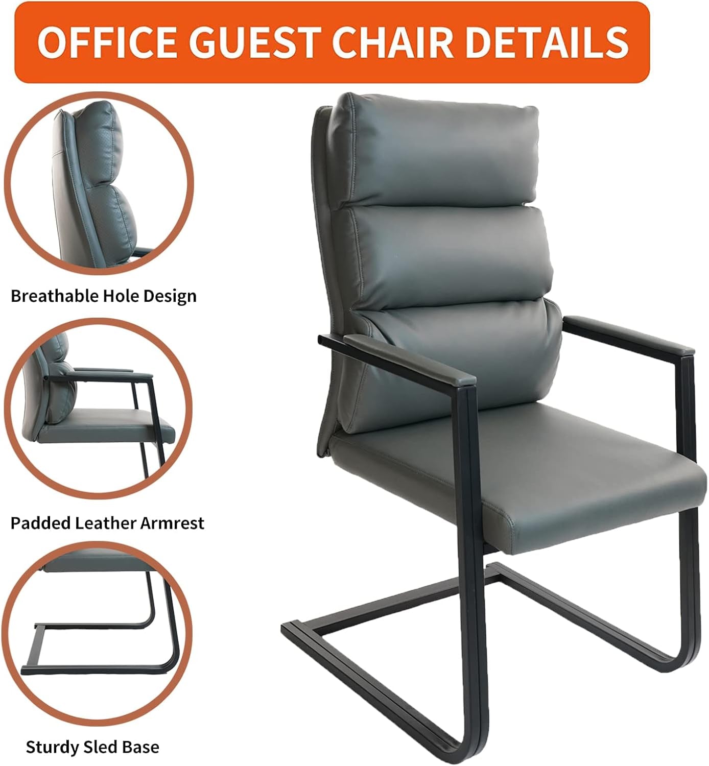 Gray Leather Big And Tall Guest Chair Set Of 2 Sled Base
