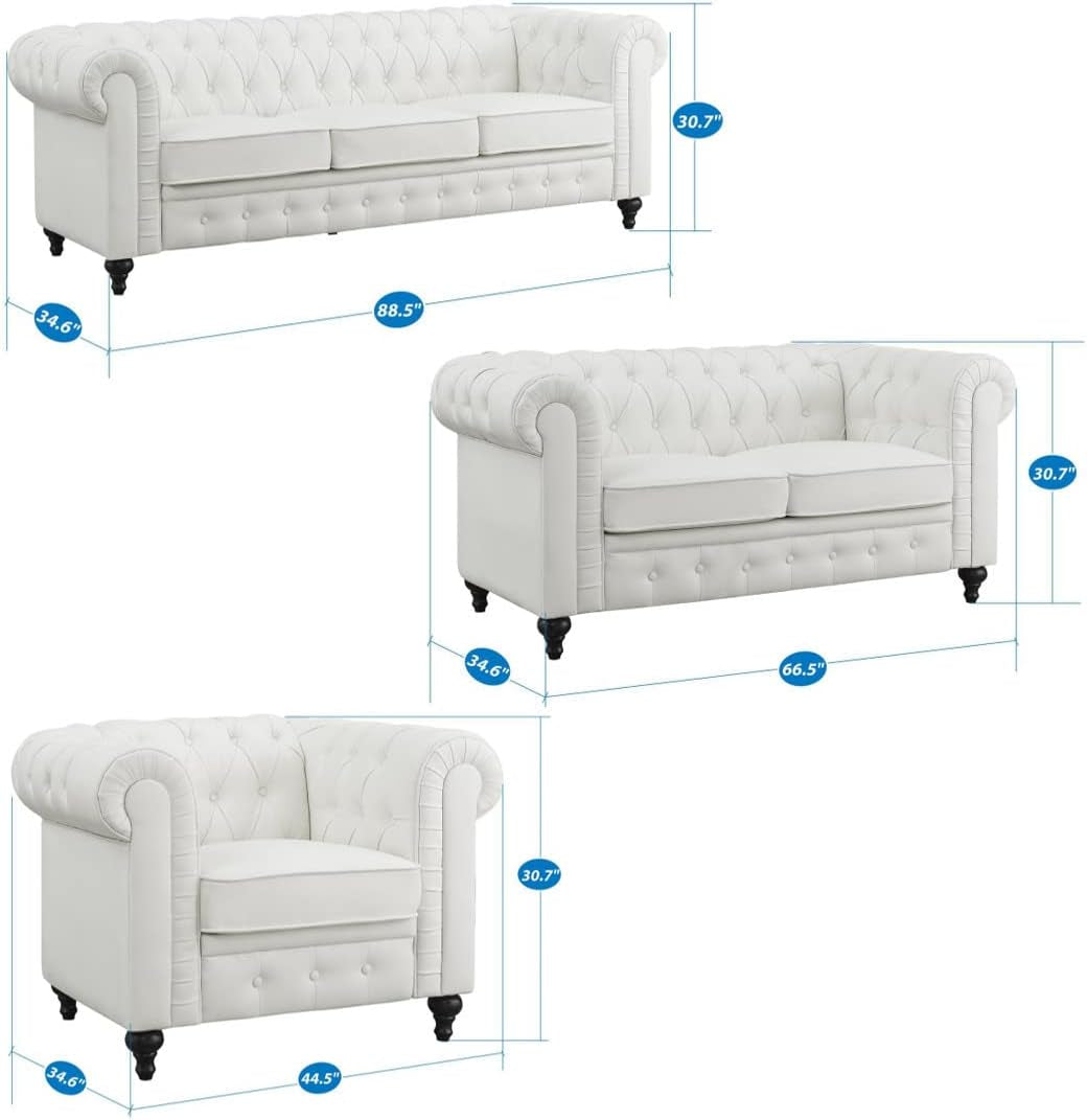 Gray Leather Chesterfield Sofa Set 3 Piece For Living Room