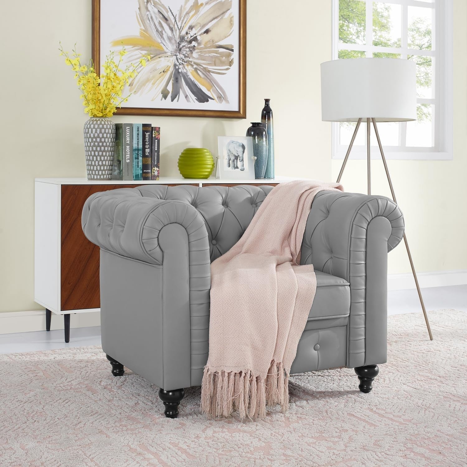 Gray Leather Chesterfield Sofa Set 3 Piece For Living Room
