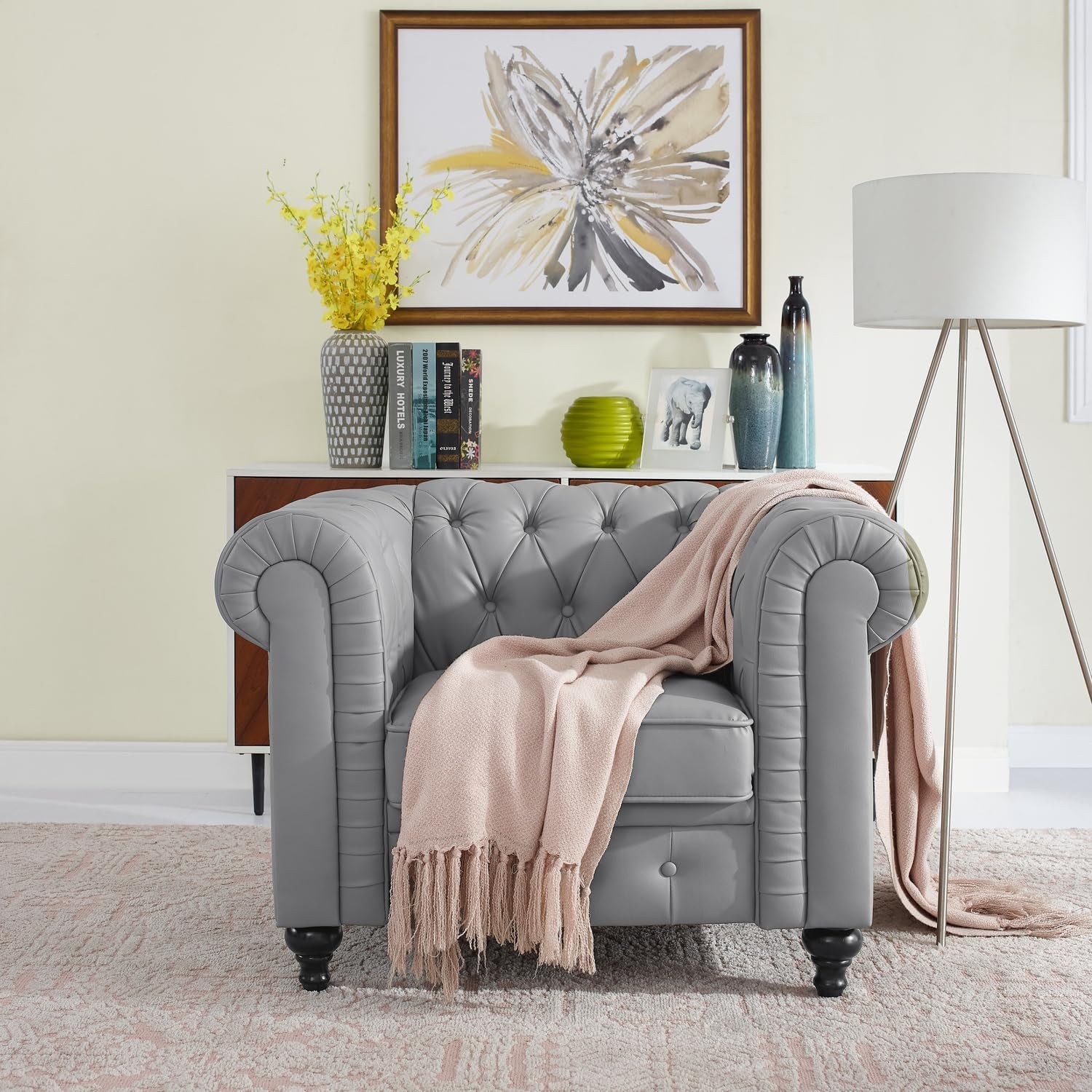 Gray Leather Chesterfield Sofa Set 3 Piece For Living Room