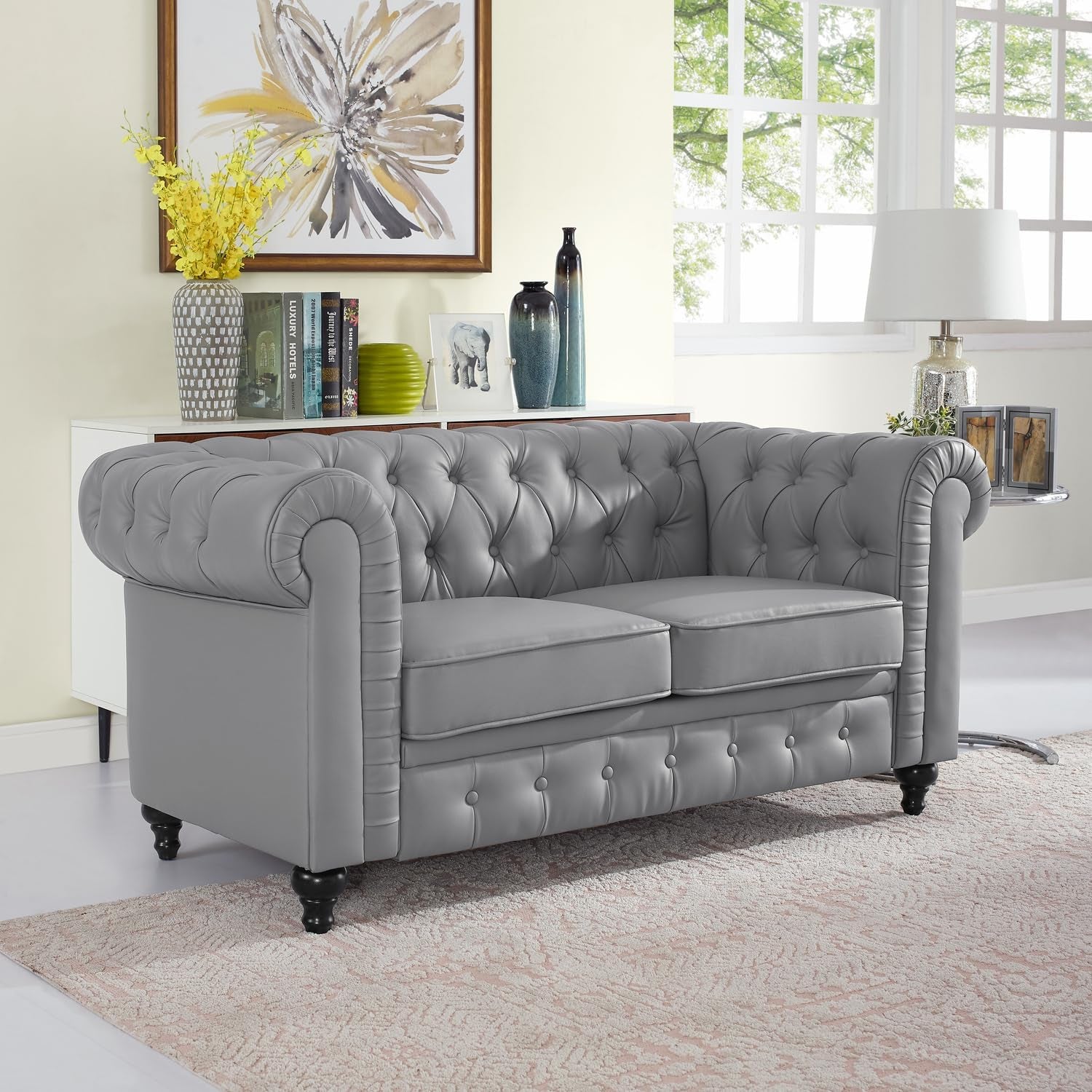 Gray Leather Chesterfield Sofa Set 3 Piece For Living Room