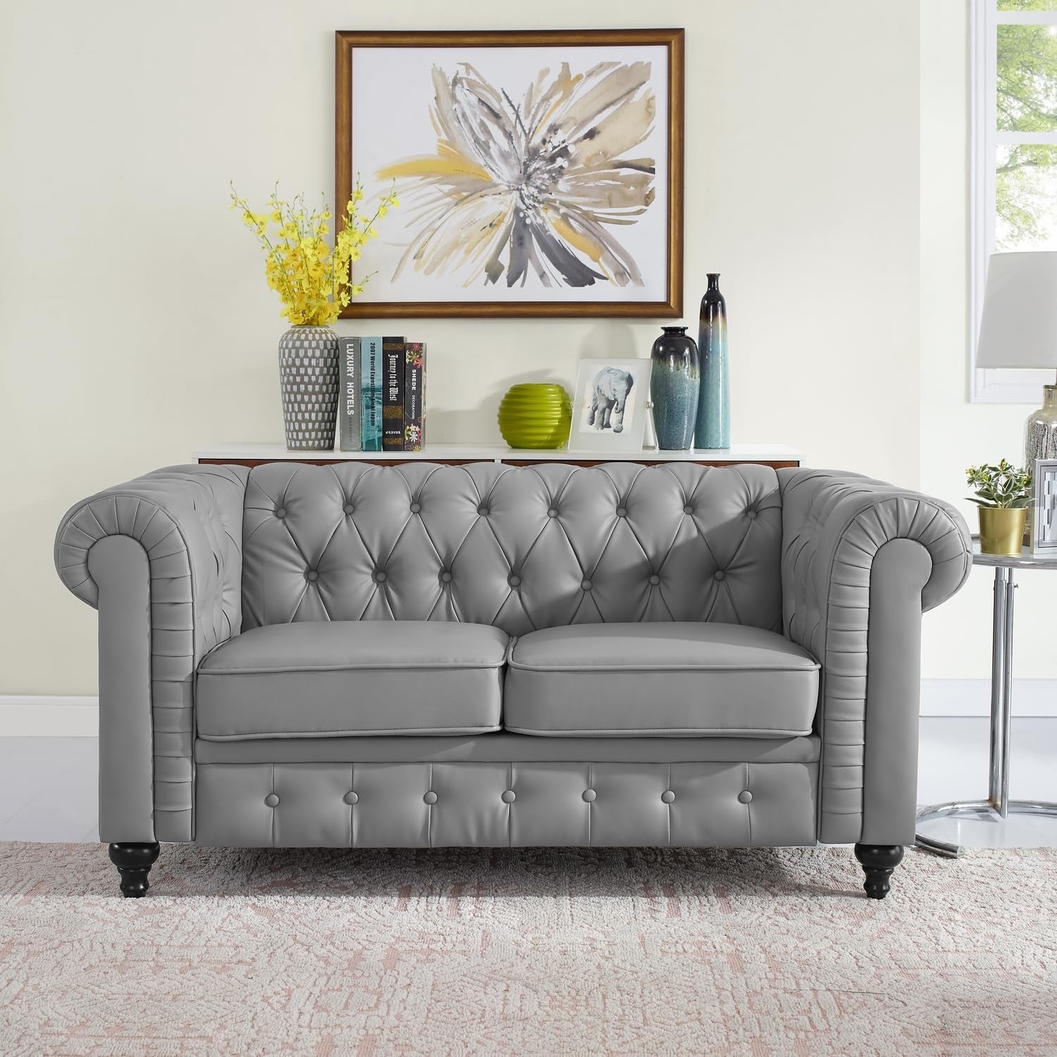 Gray Leather Chesterfield Sofa Set 3 Piece For Living Room