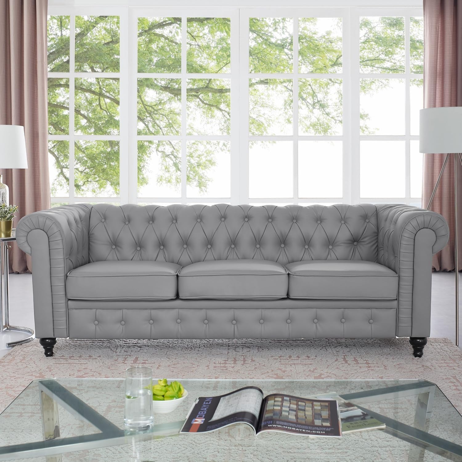 Gray Leather Chesterfield Sofa Set 3 Piece For Living Room