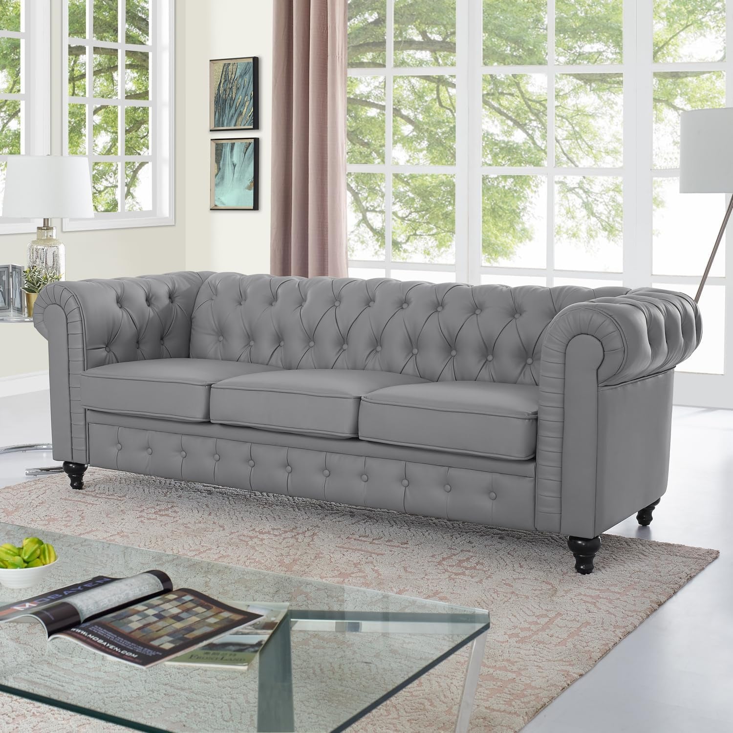 Gray Leather Chesterfield Sofa Set 3 Piece For Living Room