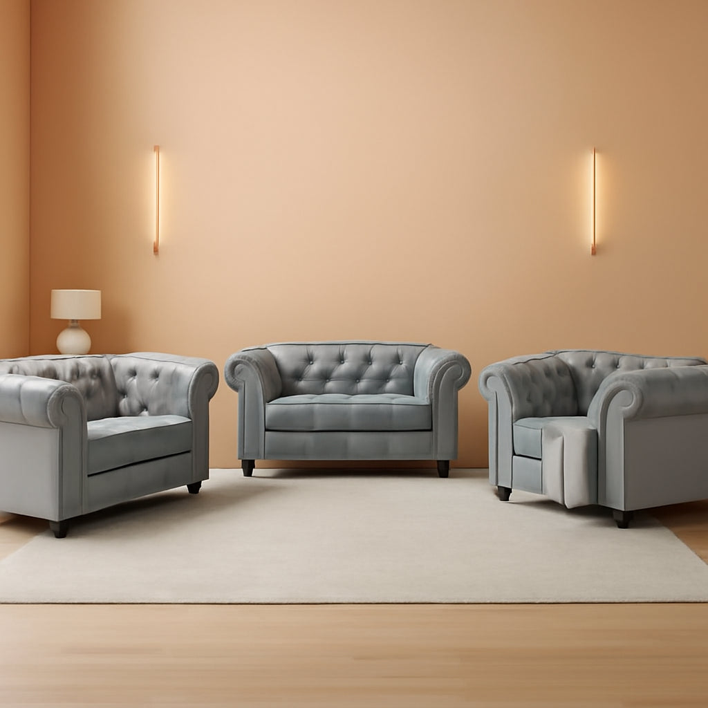 Gray Leather Chesterfield Sofa Set 3 Piece For Living Room