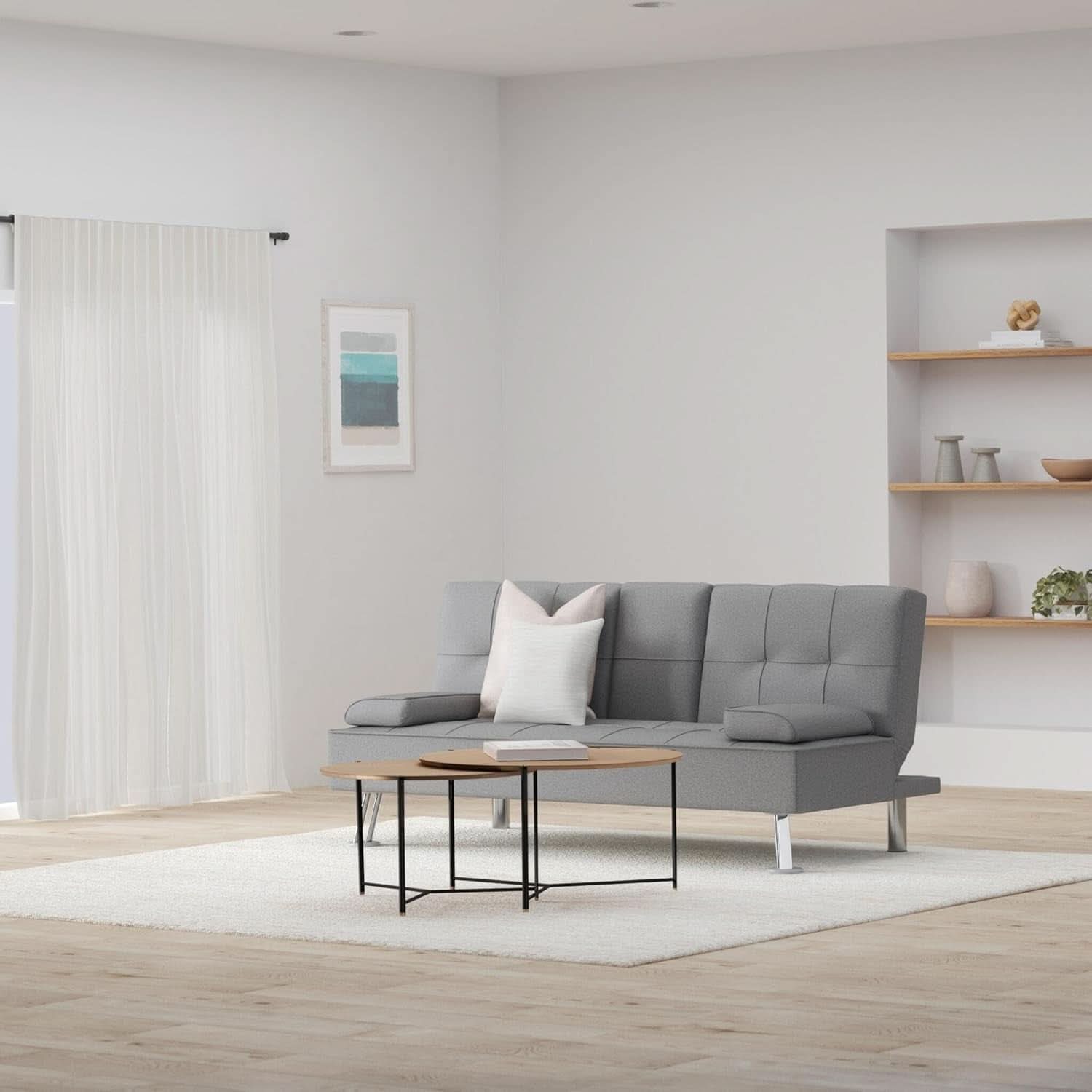 Gray Linen Modern Folding Futon Sofa Bed With Armrests