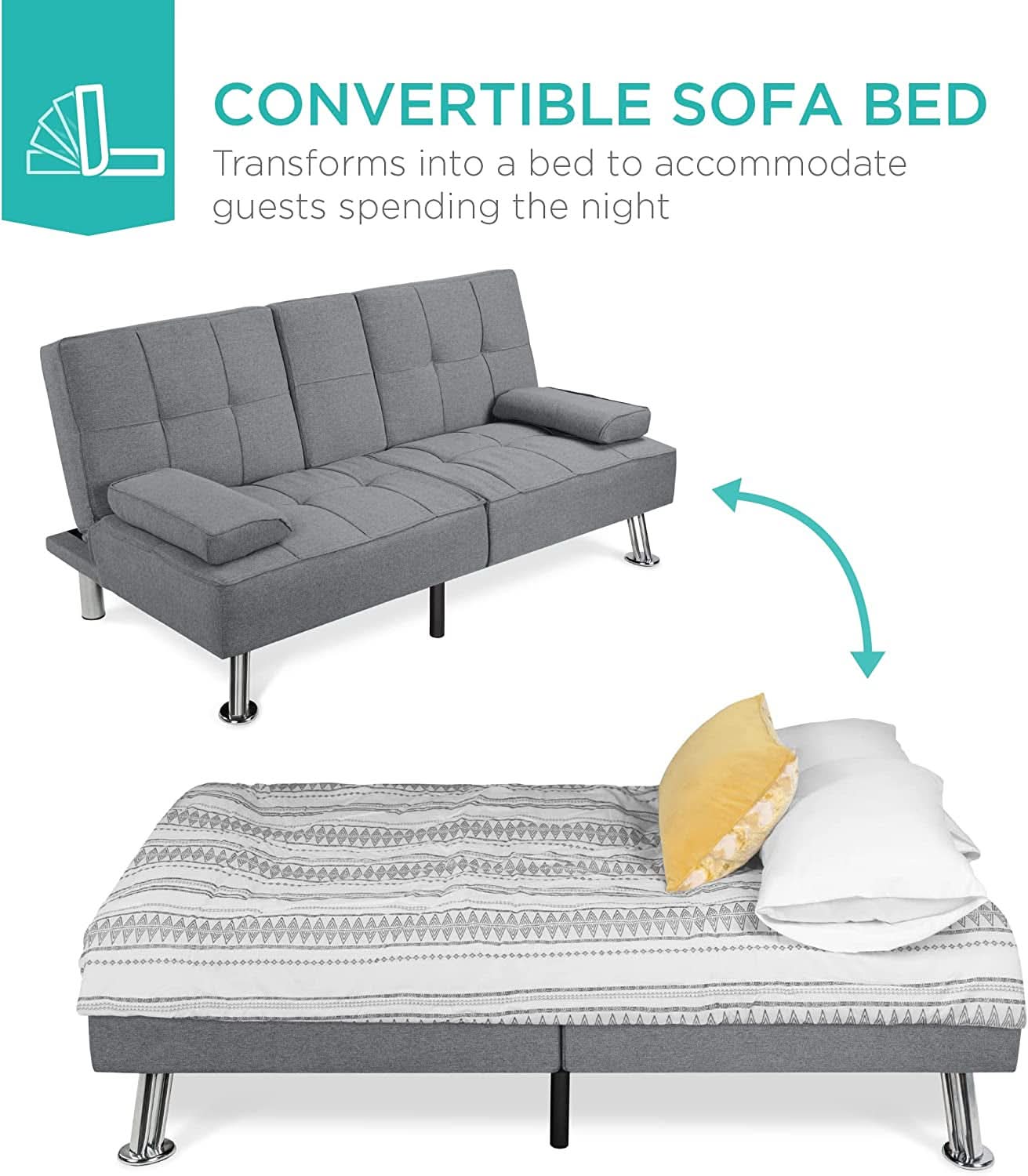 Gray Linen Modern Folding Futon Sofa Bed With Armrests