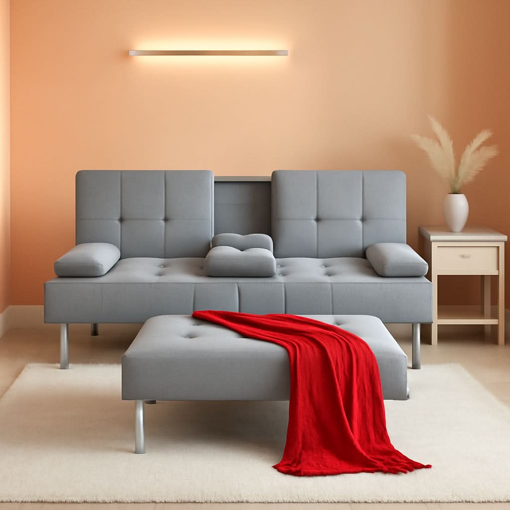 Gray Linen Modern Folding Futon Sofa Bed With Armrests