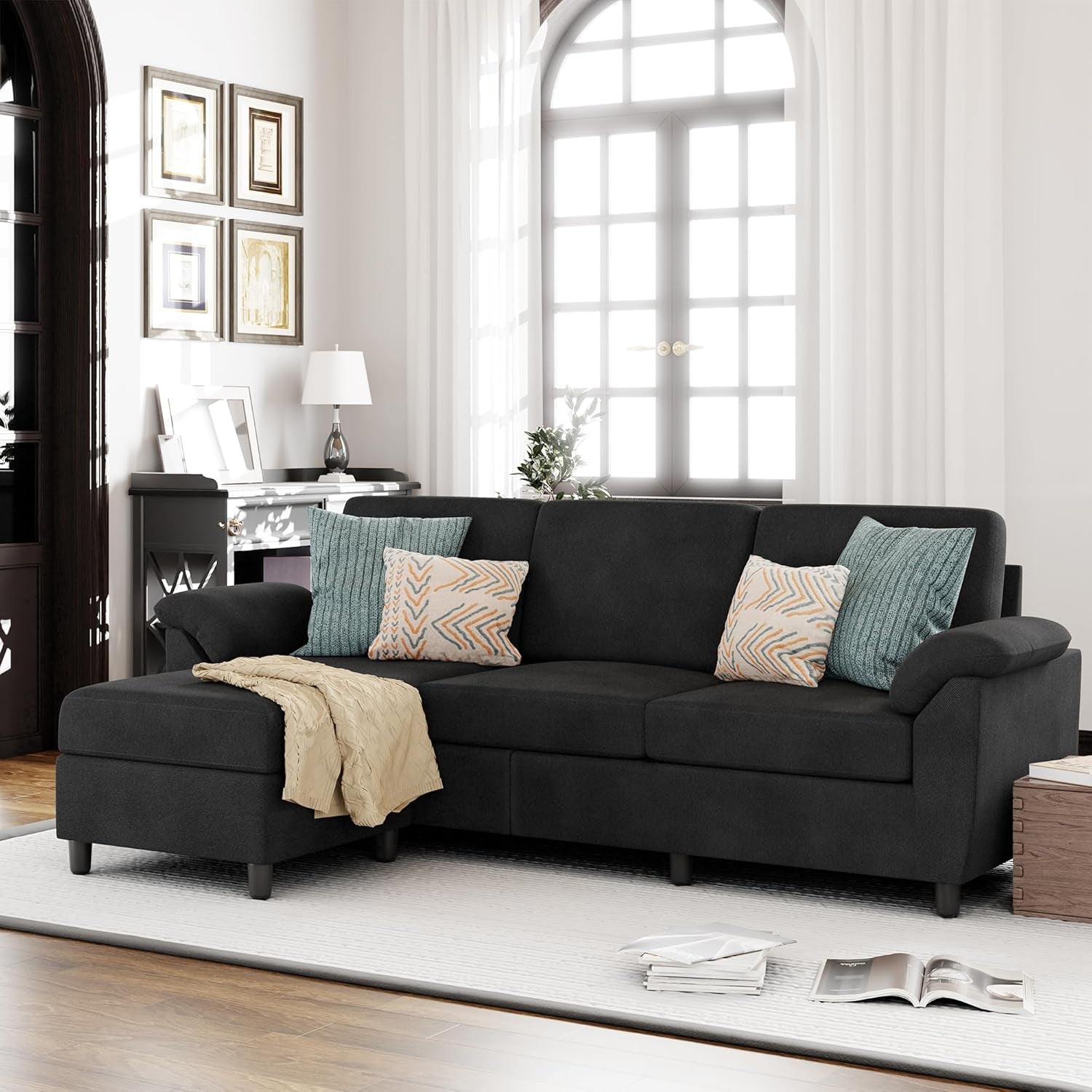Gray Linen Sectional Sofa With Removable Pillows Included