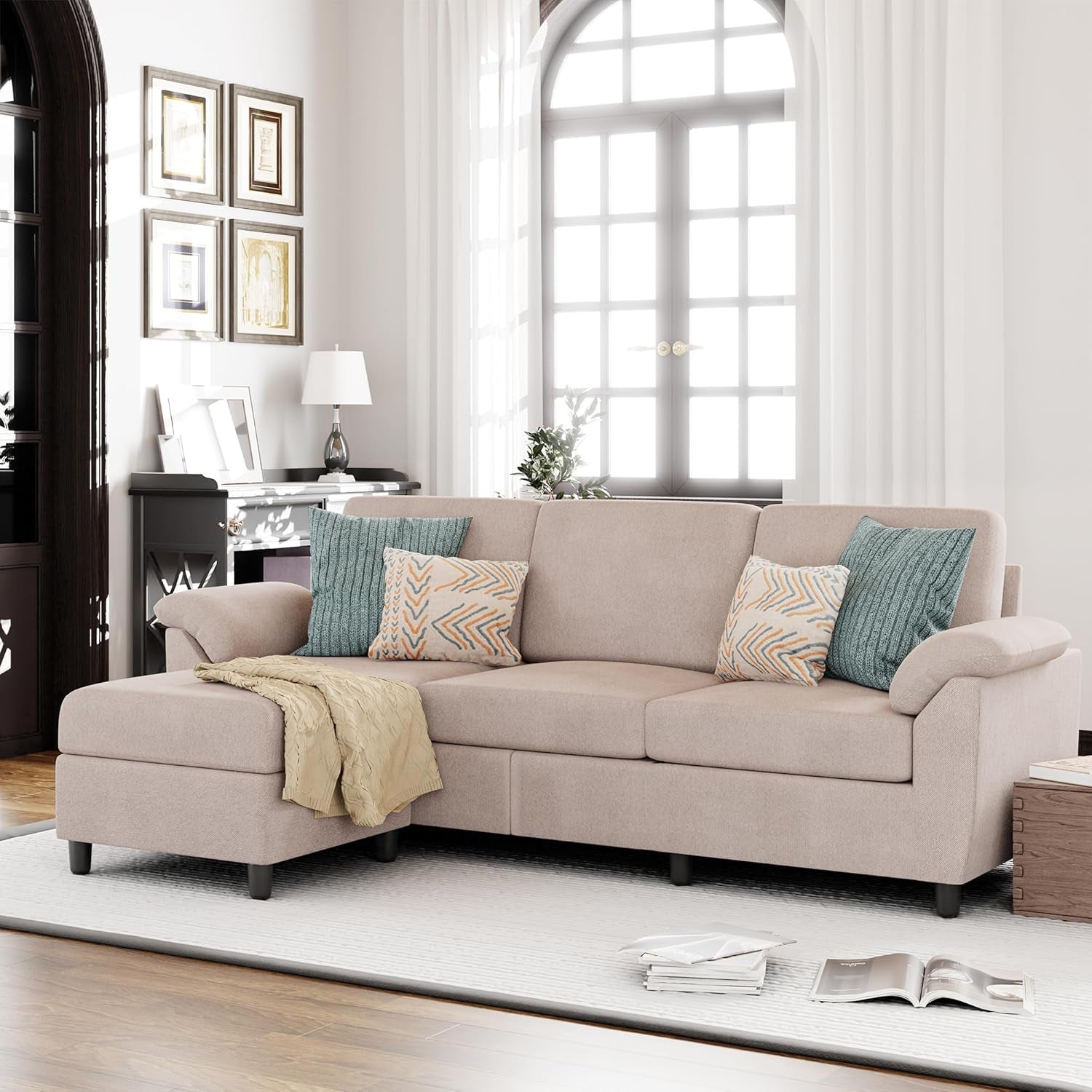 Gray Linen Sectional Sofa With Removable Pillows Included