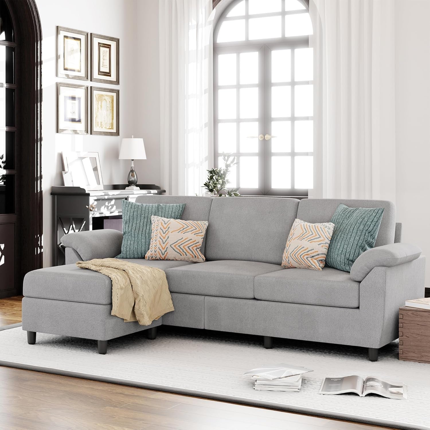 Gray Linen Sectional Sofa With Removable Pillows Included
