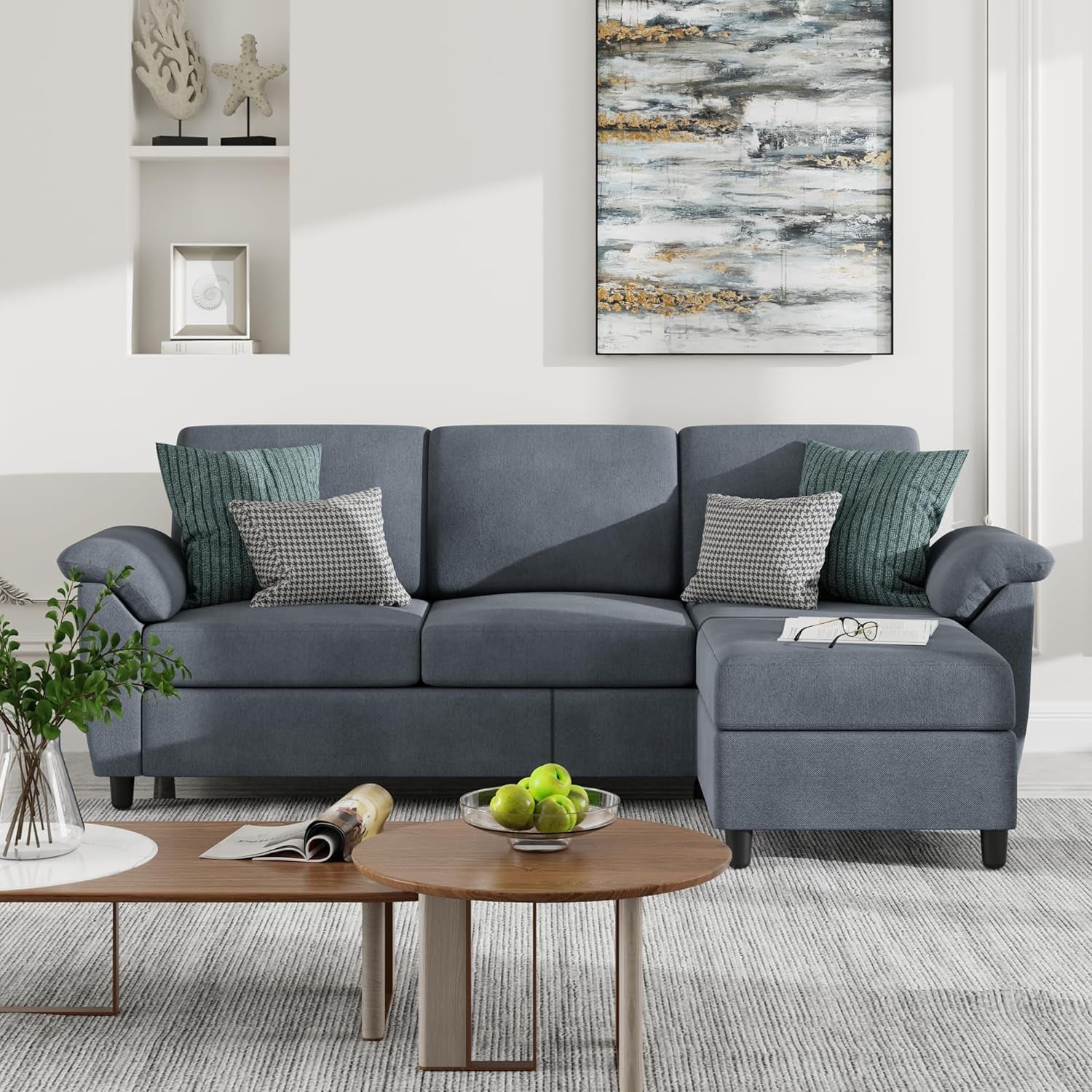 Gray Linen Sectional Sofa With Removable Pillows Included