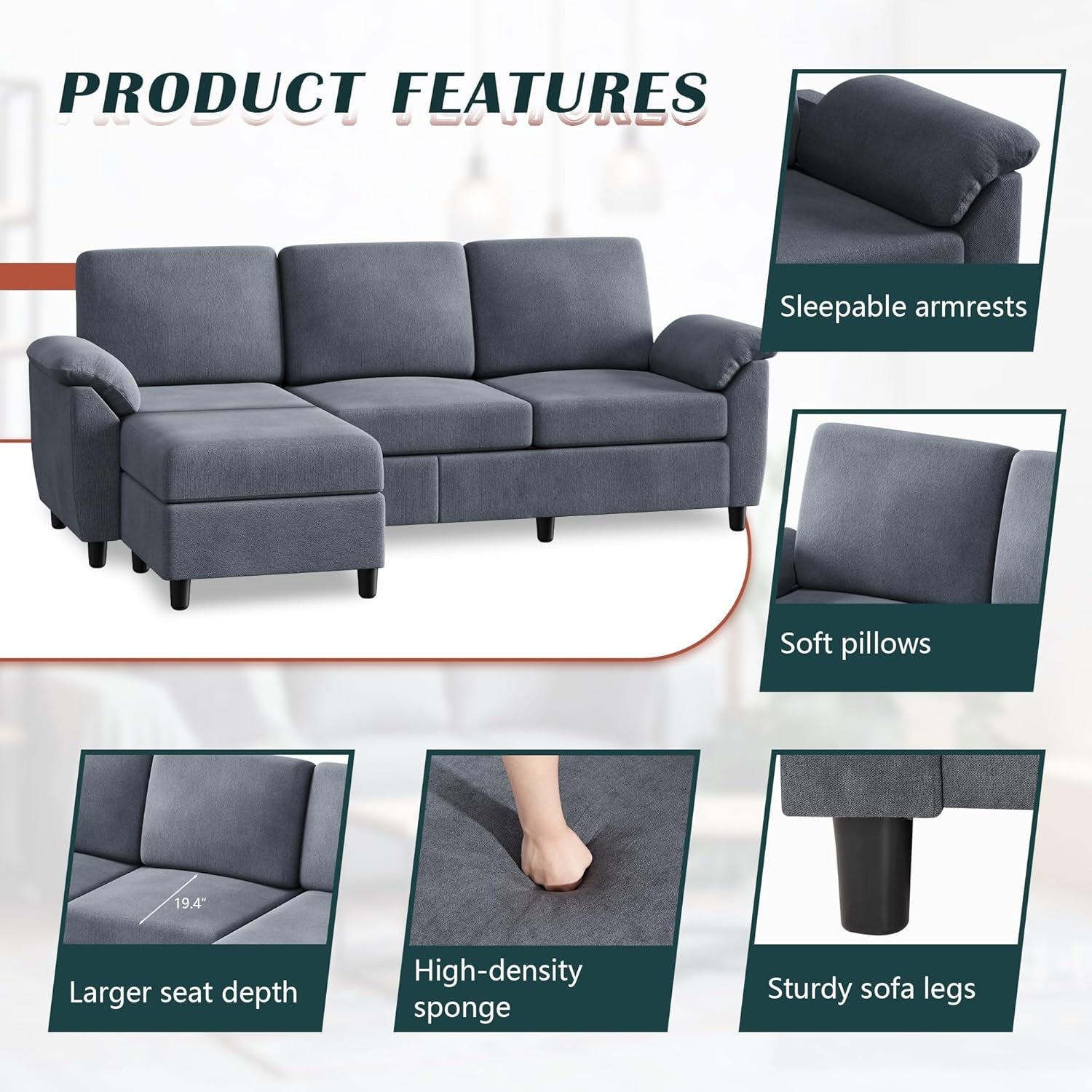 Gray Linen Sectional Sofa With Removable Pillows Included