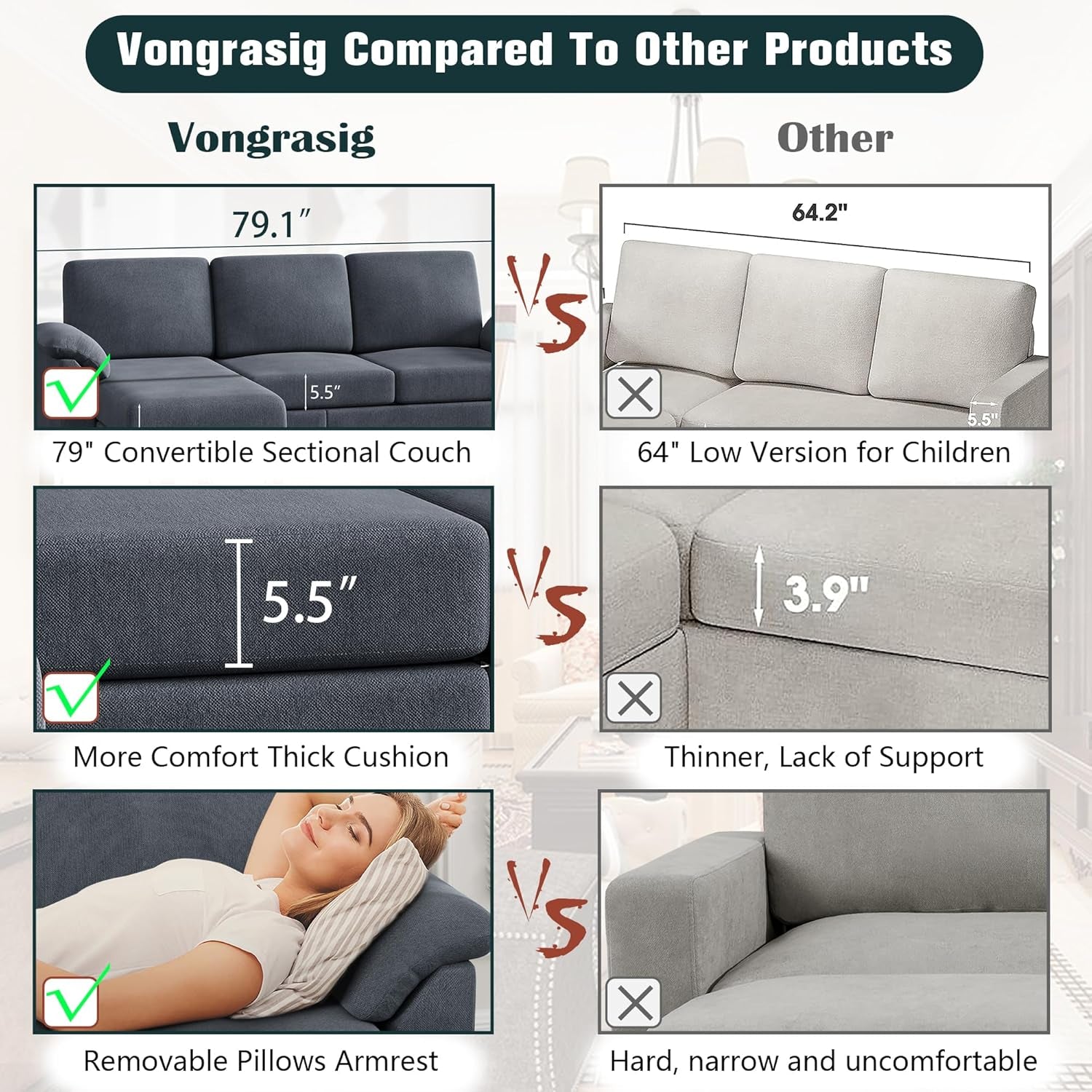Gray Linen Sectional Sofa With Removable Pillows Included