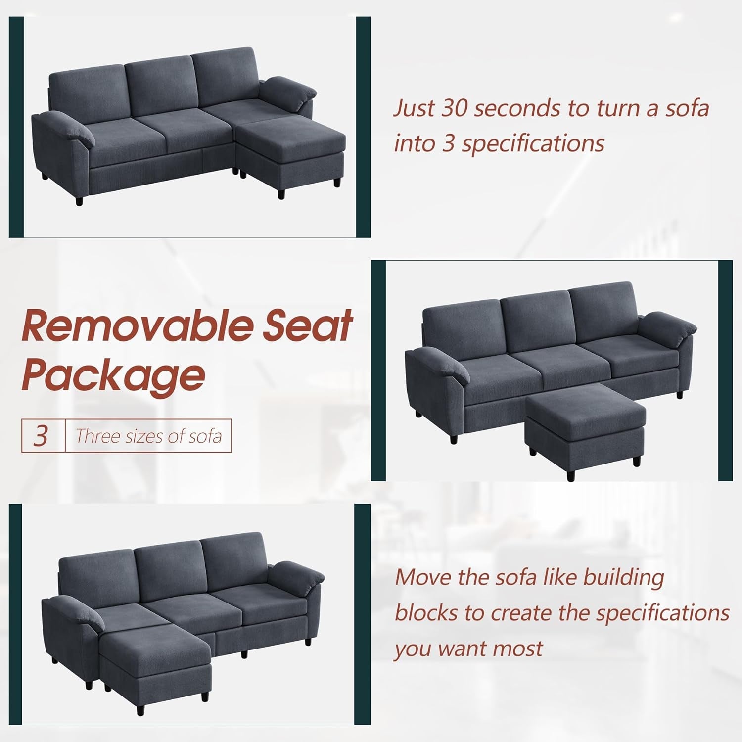 Gray Linen Sectional Sofa With Removable Pillows Included