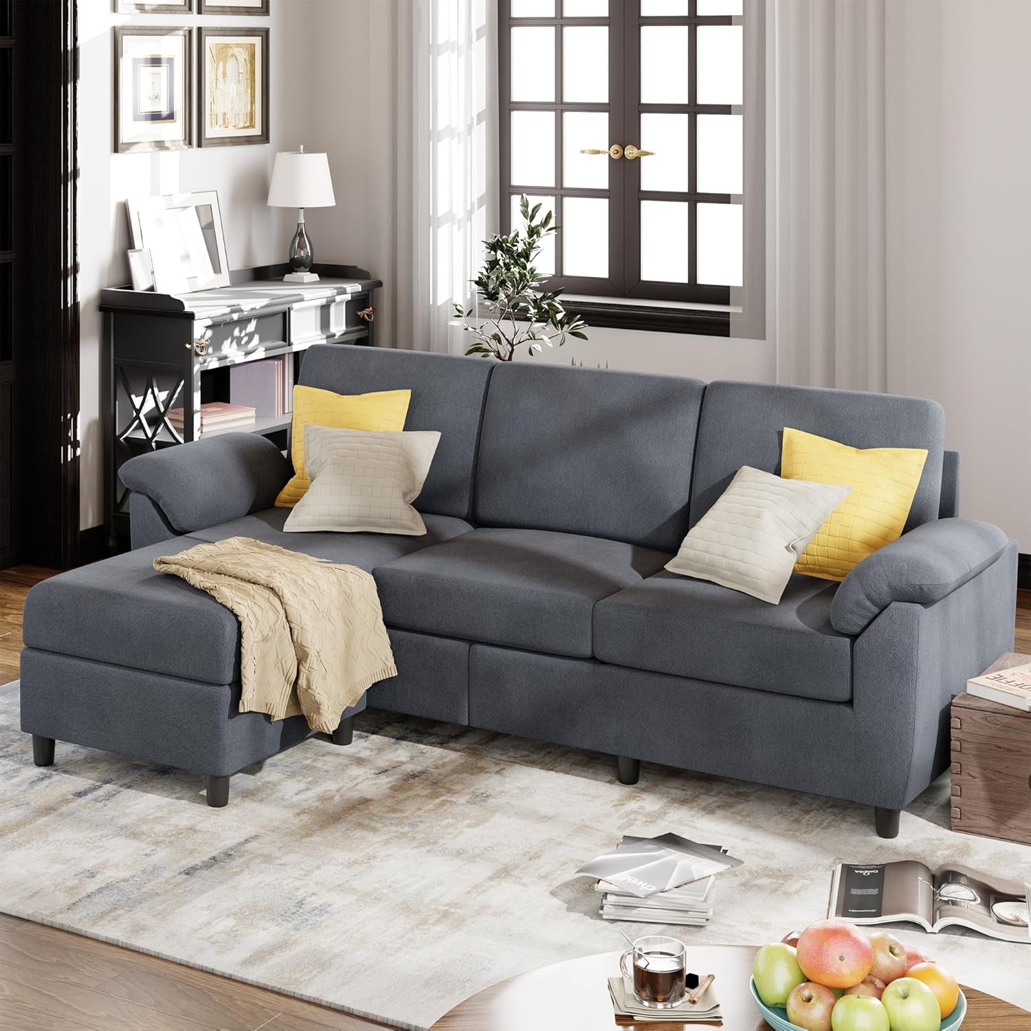 Gray Linen Sectional Sofa With Removable Pillows Included