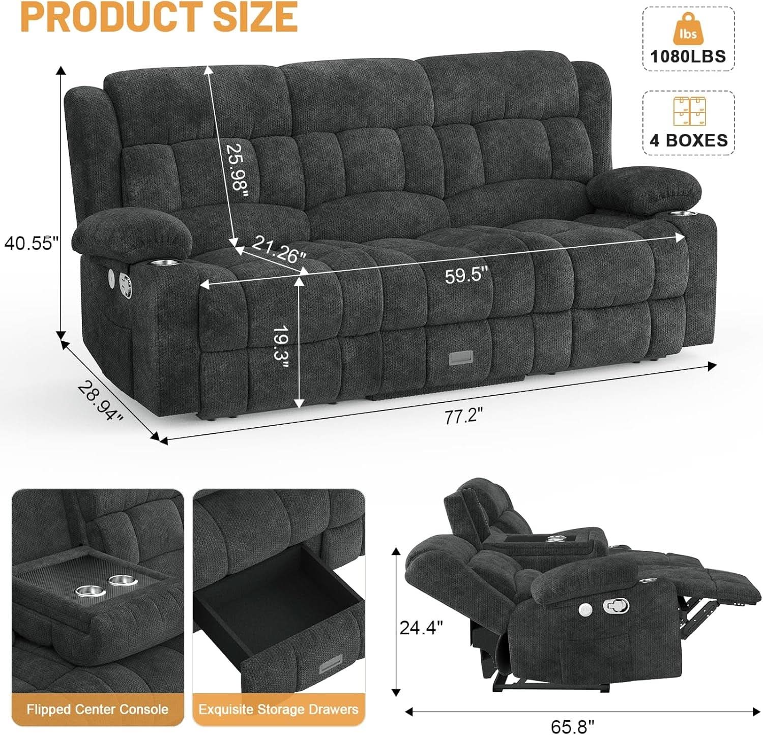 Gray Loveseat Recliner Sofa With Flip Middle Backrest