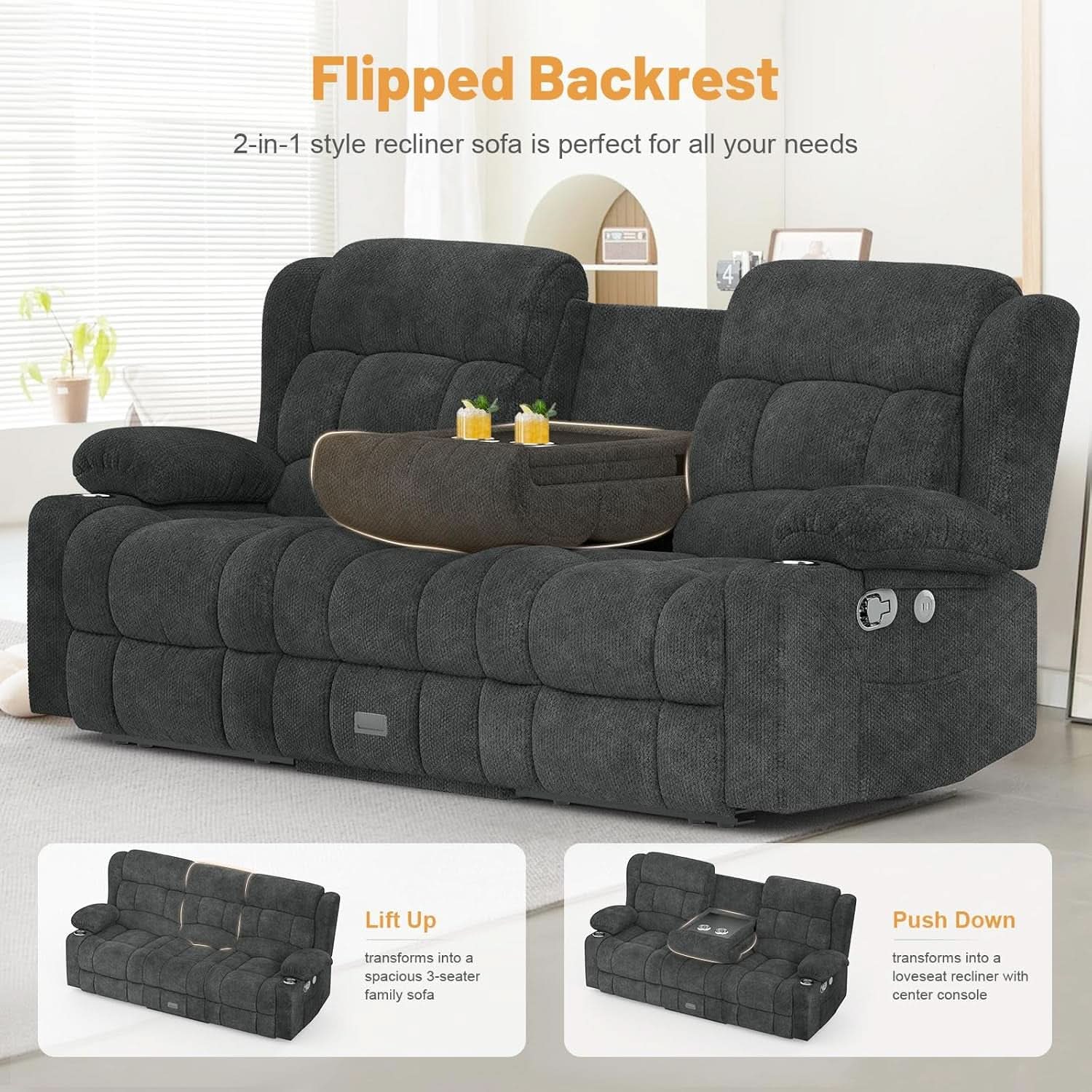Gray Loveseat Recliner Sofa With Flip Middle Backrest