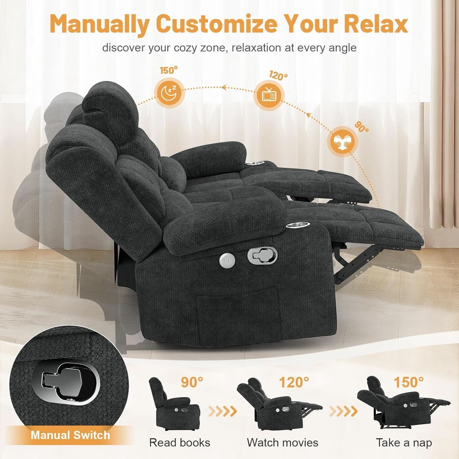 Gray Loveseat Recliner Sofa With Flip Middle Backrest