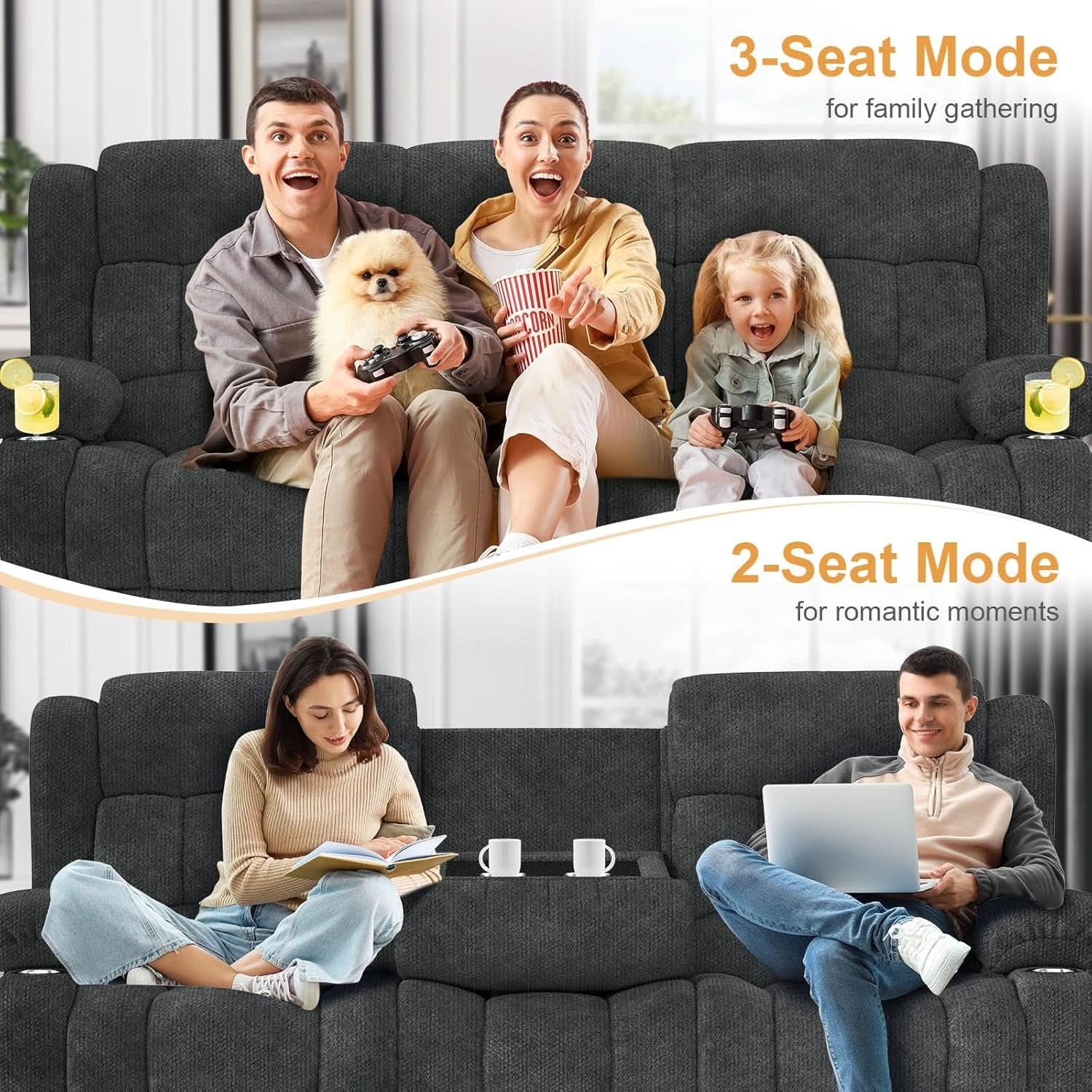 Gray Loveseat Recliner Sofa With Flip Middle Backrest