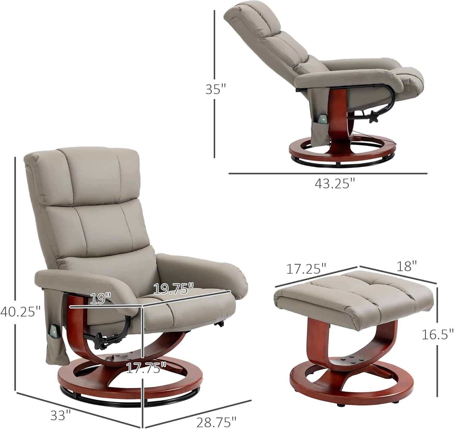 Gray Massage Recliner Chair With Ottoman And Remote Control