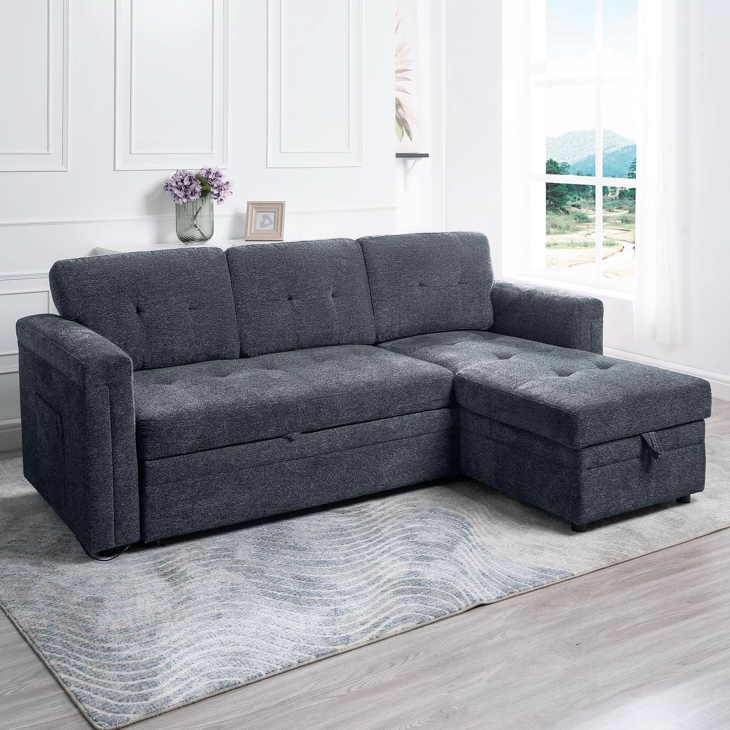 Gray Microfiber L Shape Sleeper Sofa With USB Ports Storage