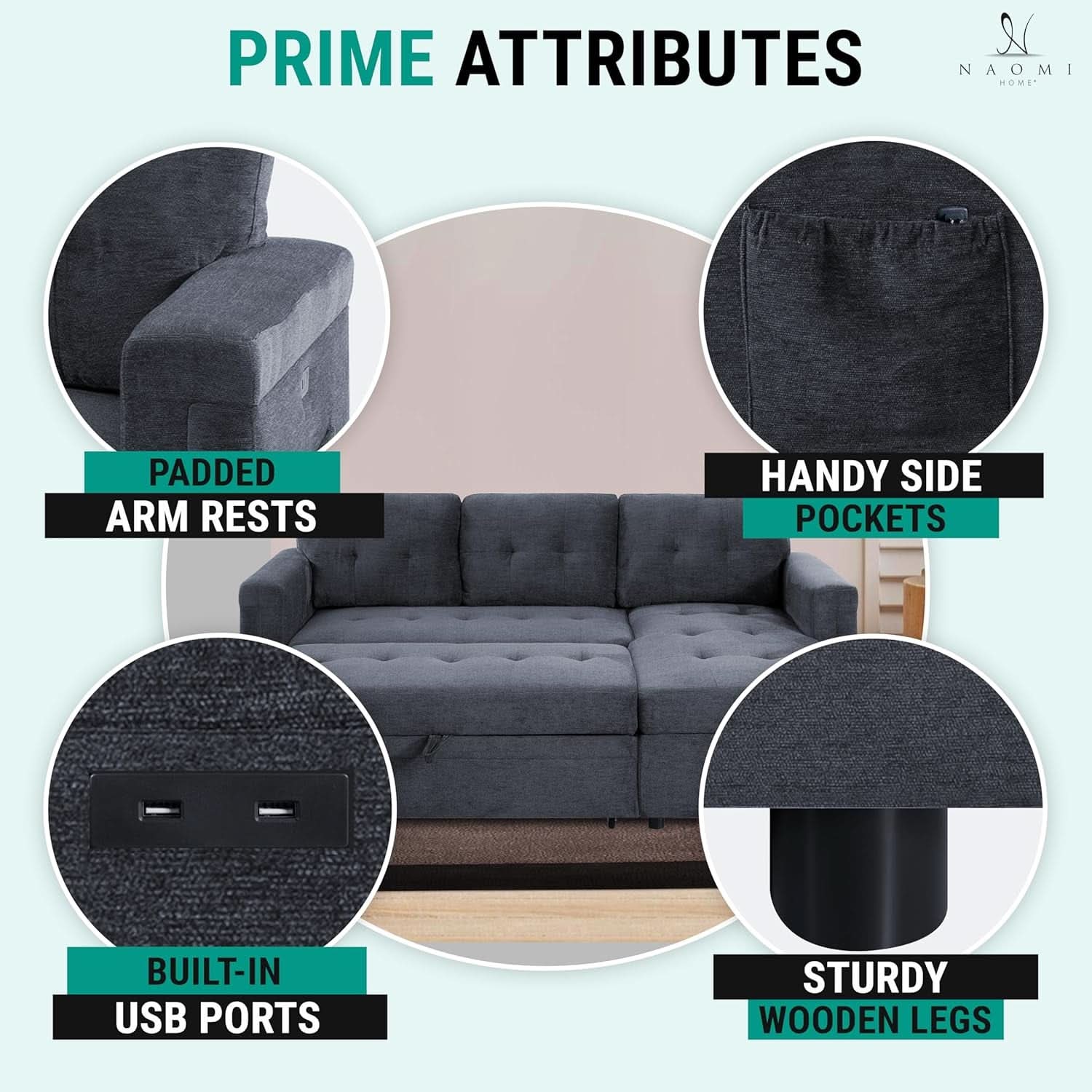 Gray Microfiber L Shape Sleeper Sofa With USB Ports Storage