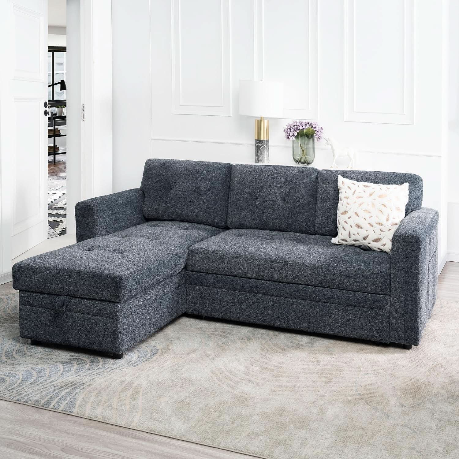 Gray Microfiber L Shape Sleeper Sofa With USB Ports Storage