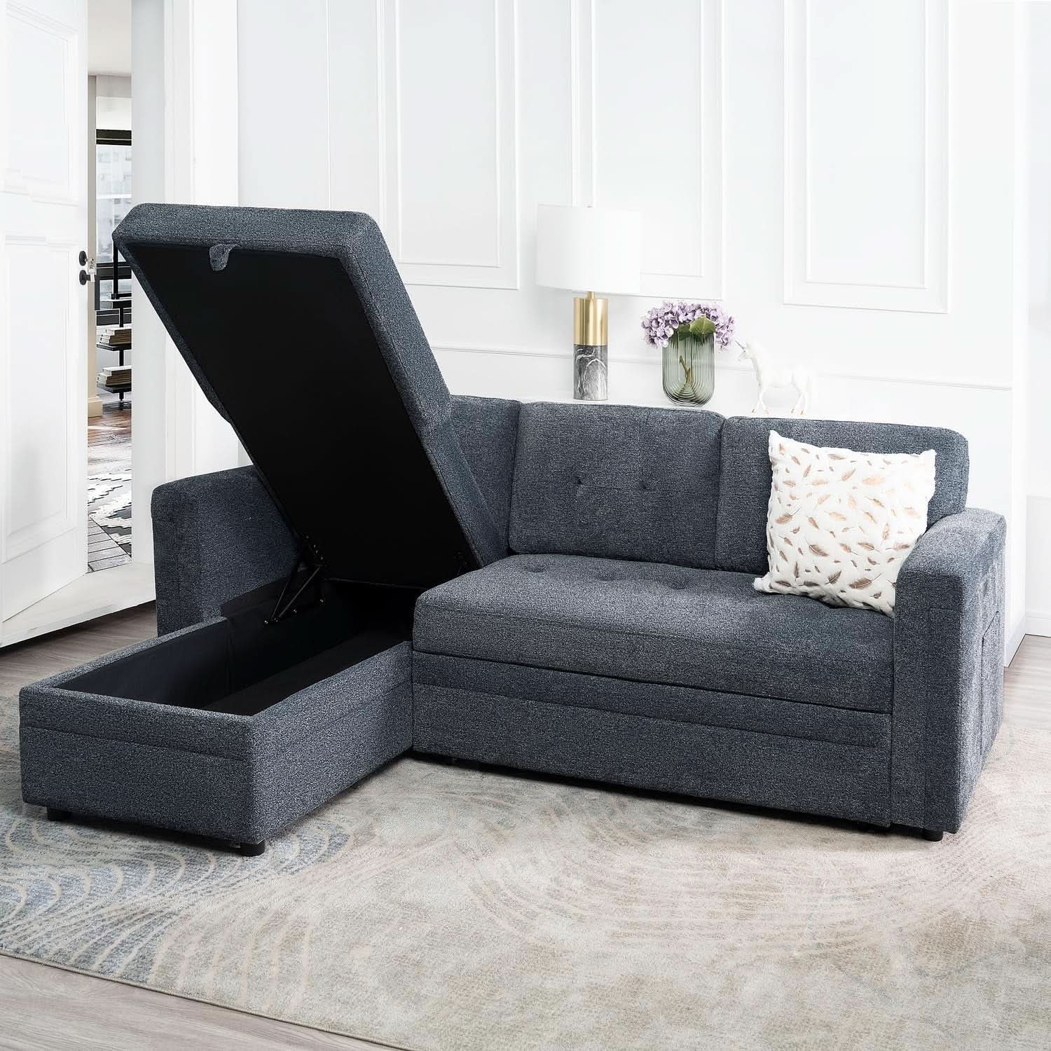 Gray Microfiber L Shape Sleeper Sofa With USB Ports Storage