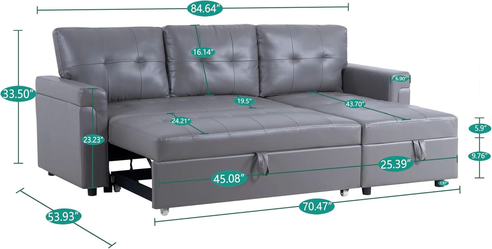 Gray Modern Sectional Sleeper Sofa With Storage Chaise