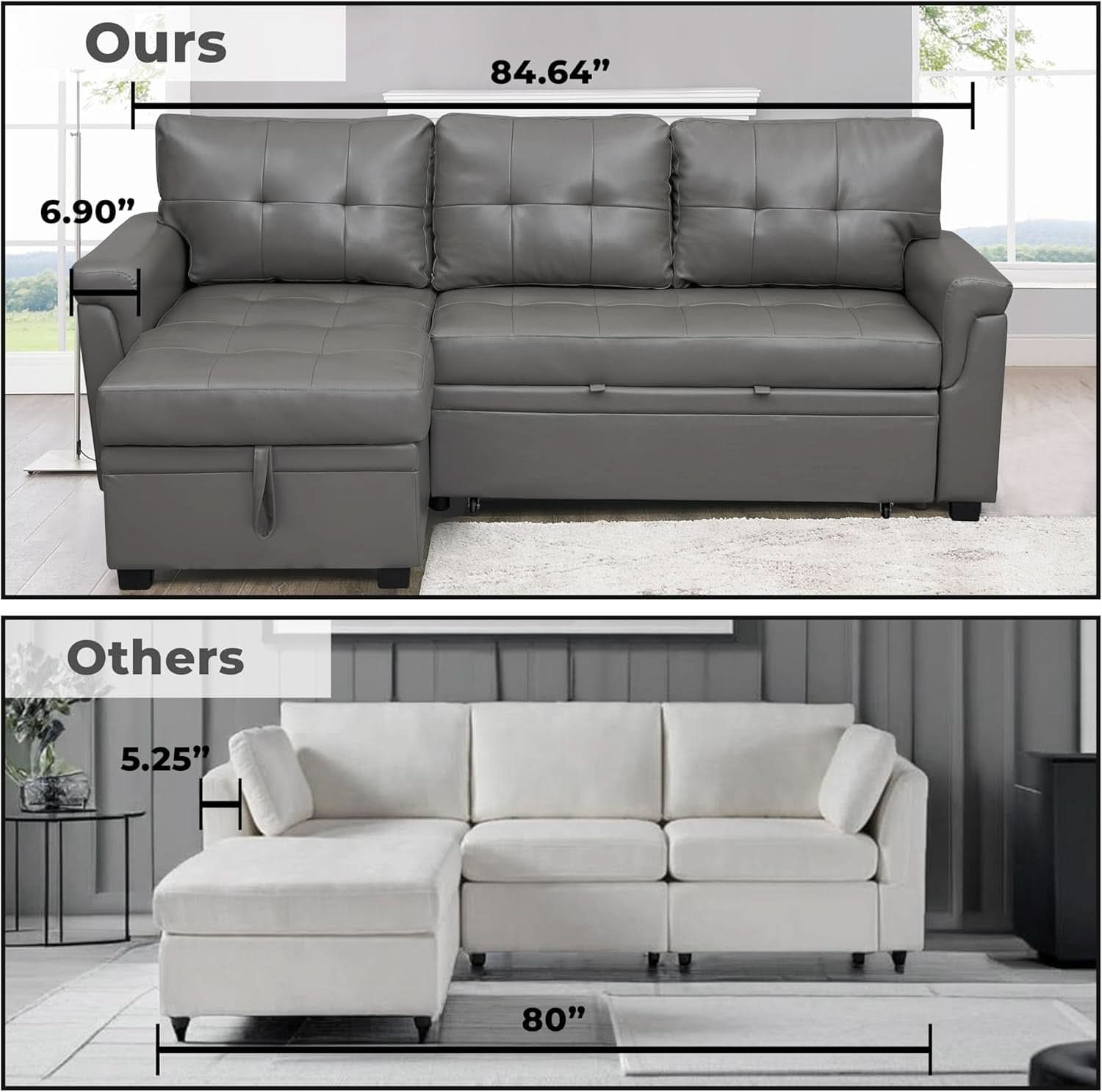 Gray Modern Sectional Sleeper Sofa With Storage Chaise
