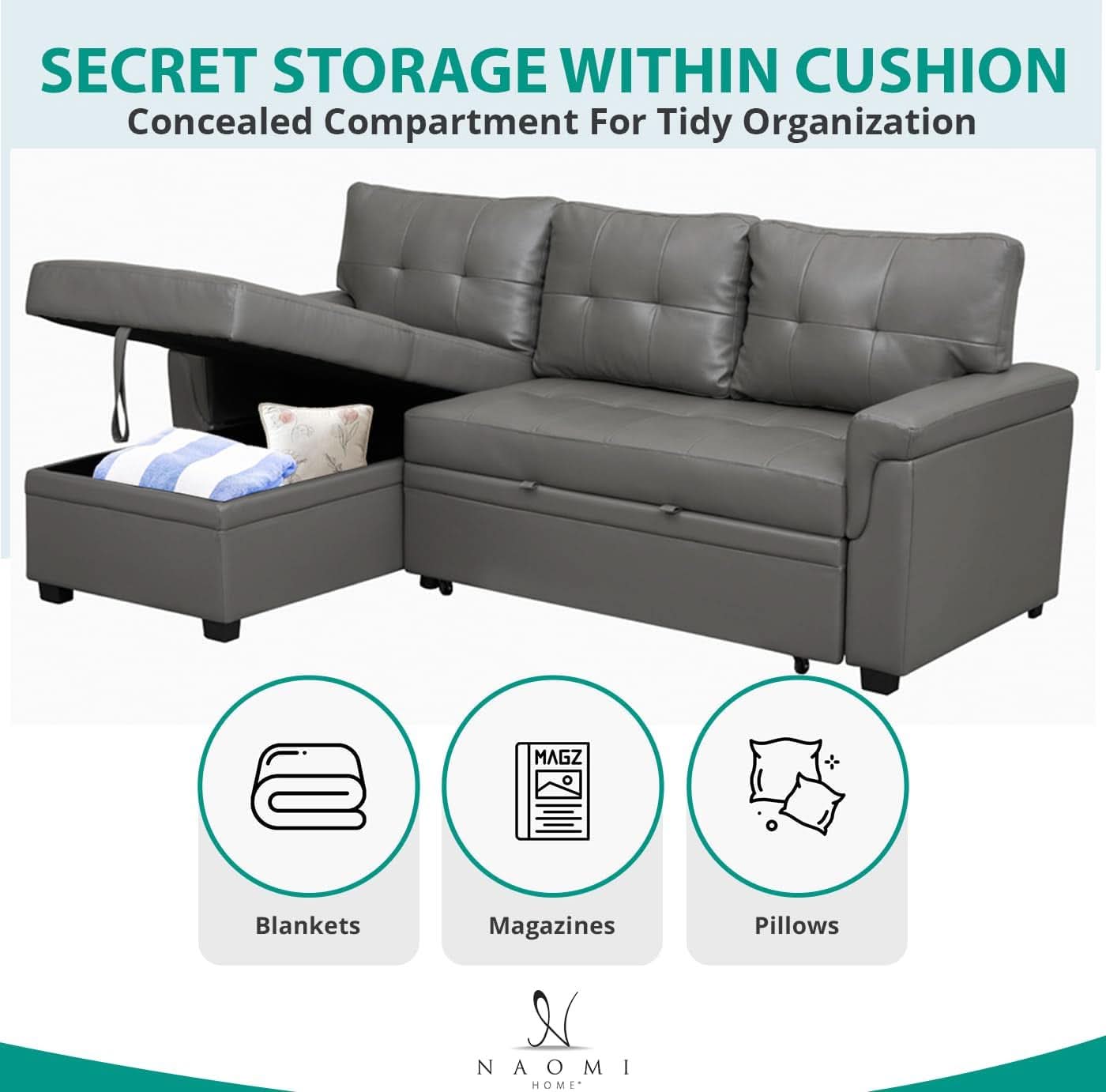 Gray Modern Sectional Sleeper Sofa With Storage Chaise
