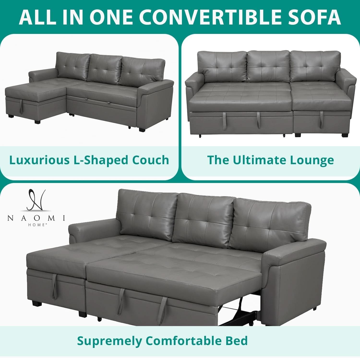 Gray Modern Sectional Sleeper Sofa With Storage Chaise