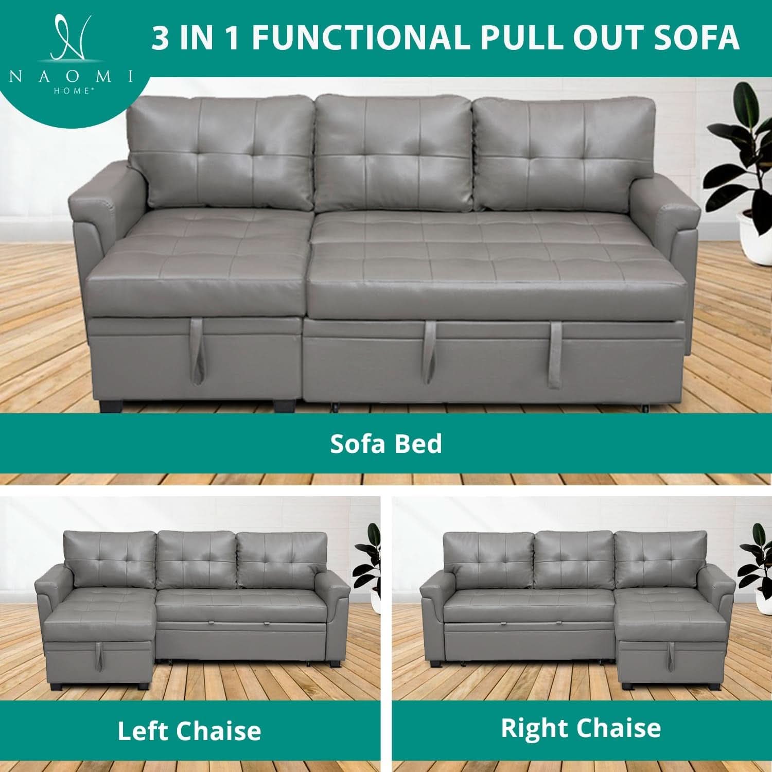 Gray Modern Sectional Sleeper Sofa With Storage Chaise
