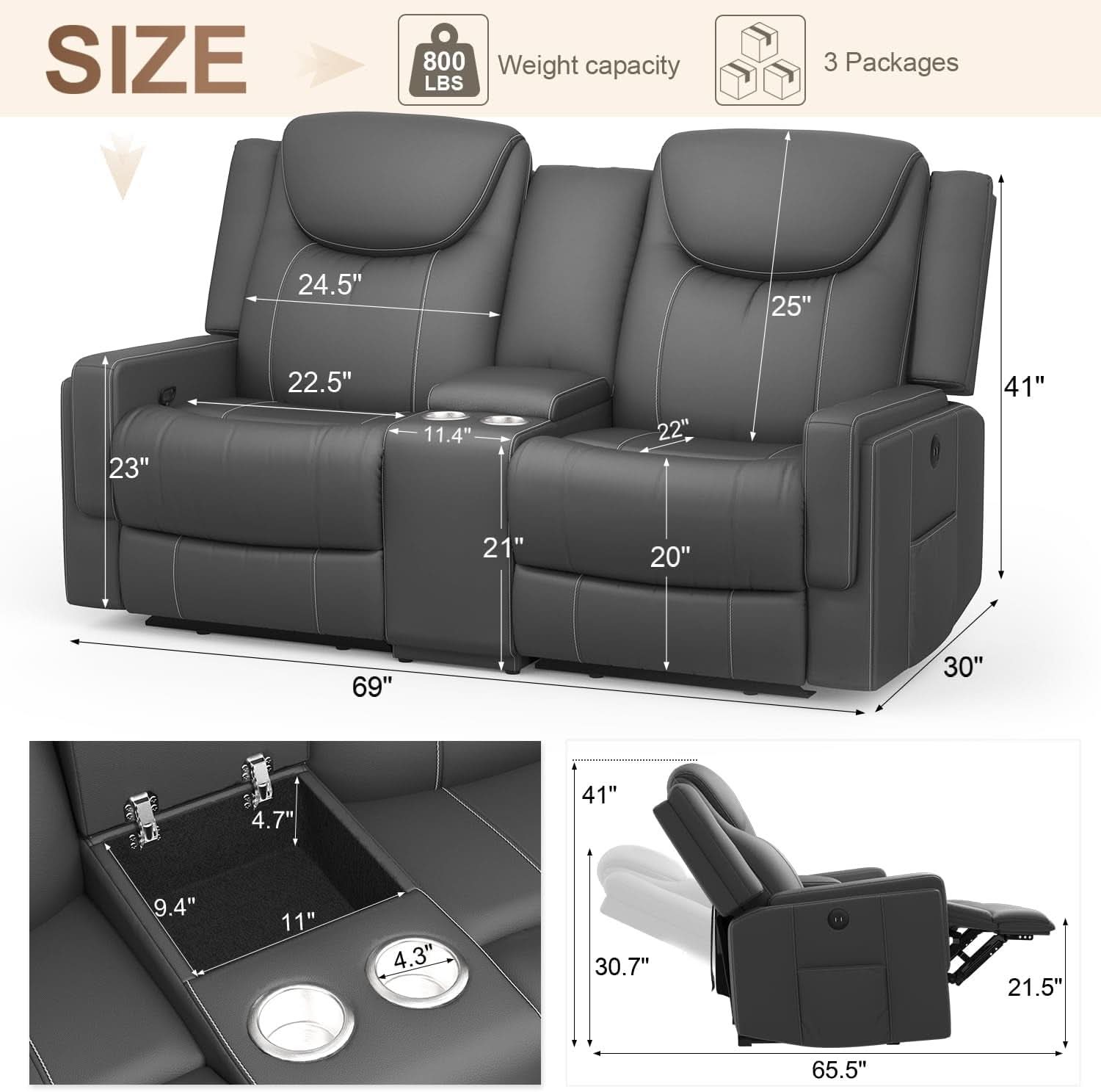 Gray PU Leather ErgoPrime Double Recliner Loveseat With USB