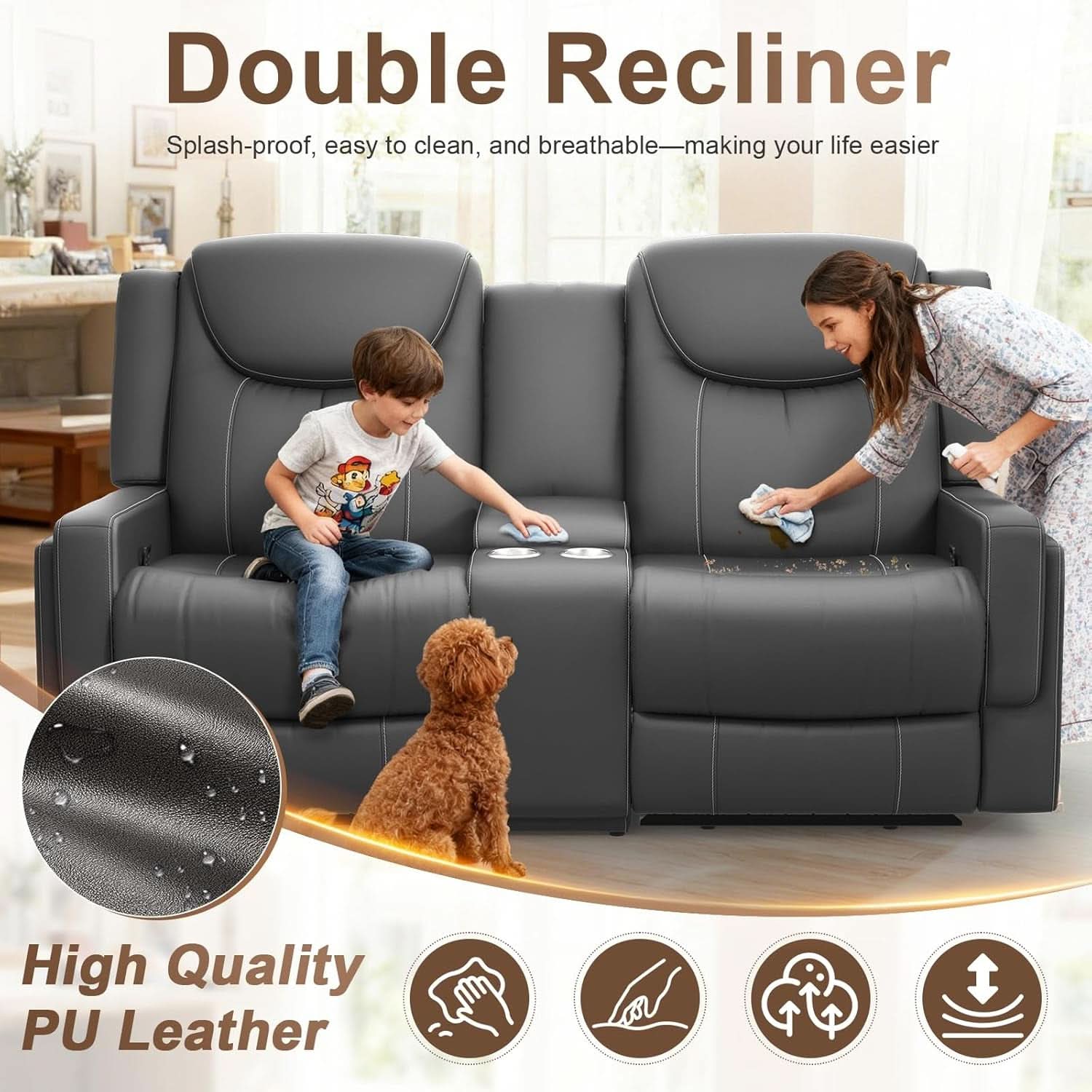 Gray PU Leather ErgoPrime Double Recliner Loveseat With USB