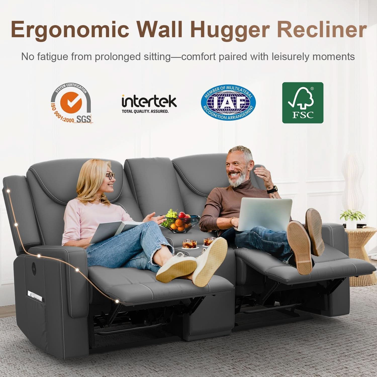 Gray PU Leather ErgoPrime Double Recliner Loveseat With USB