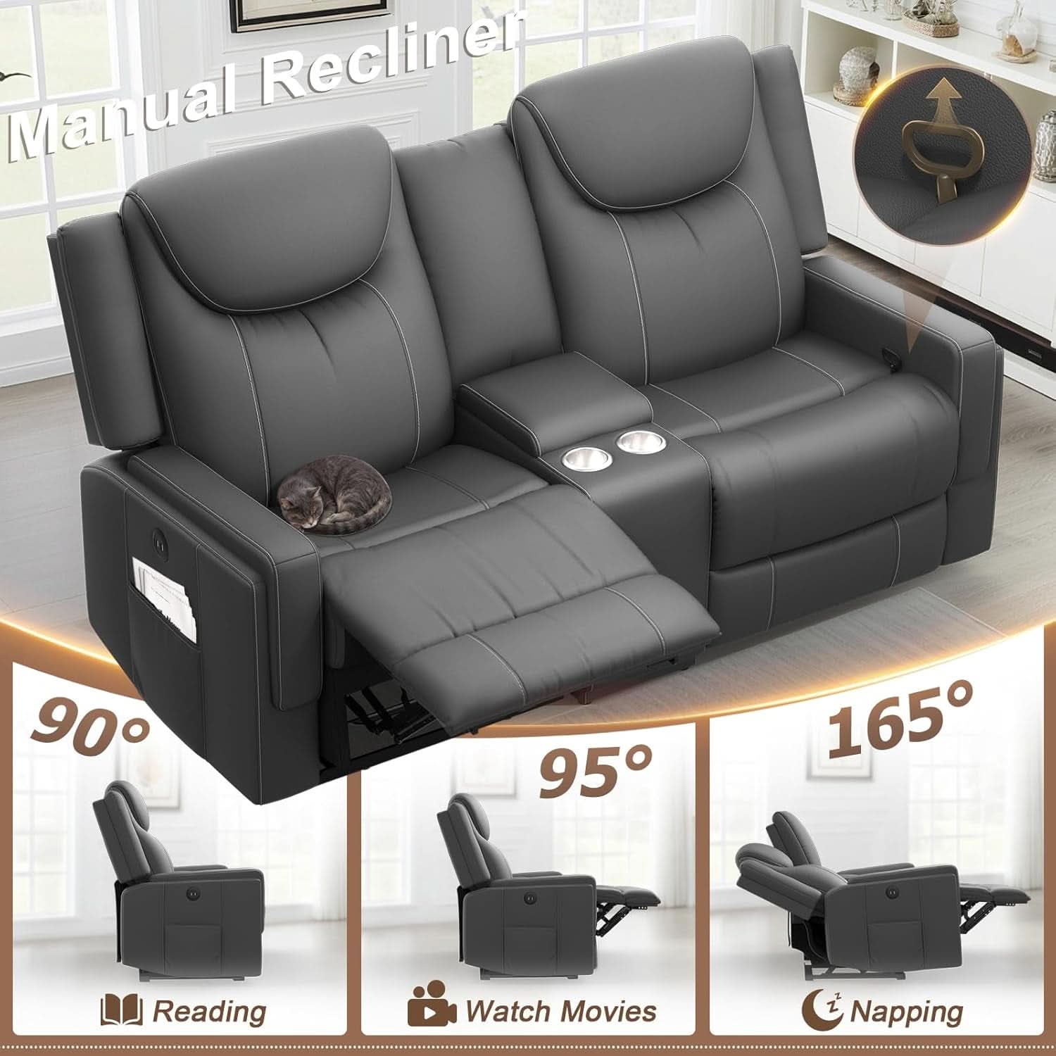 Gray PU Leather ErgoPrime Double Recliner Loveseat With USB