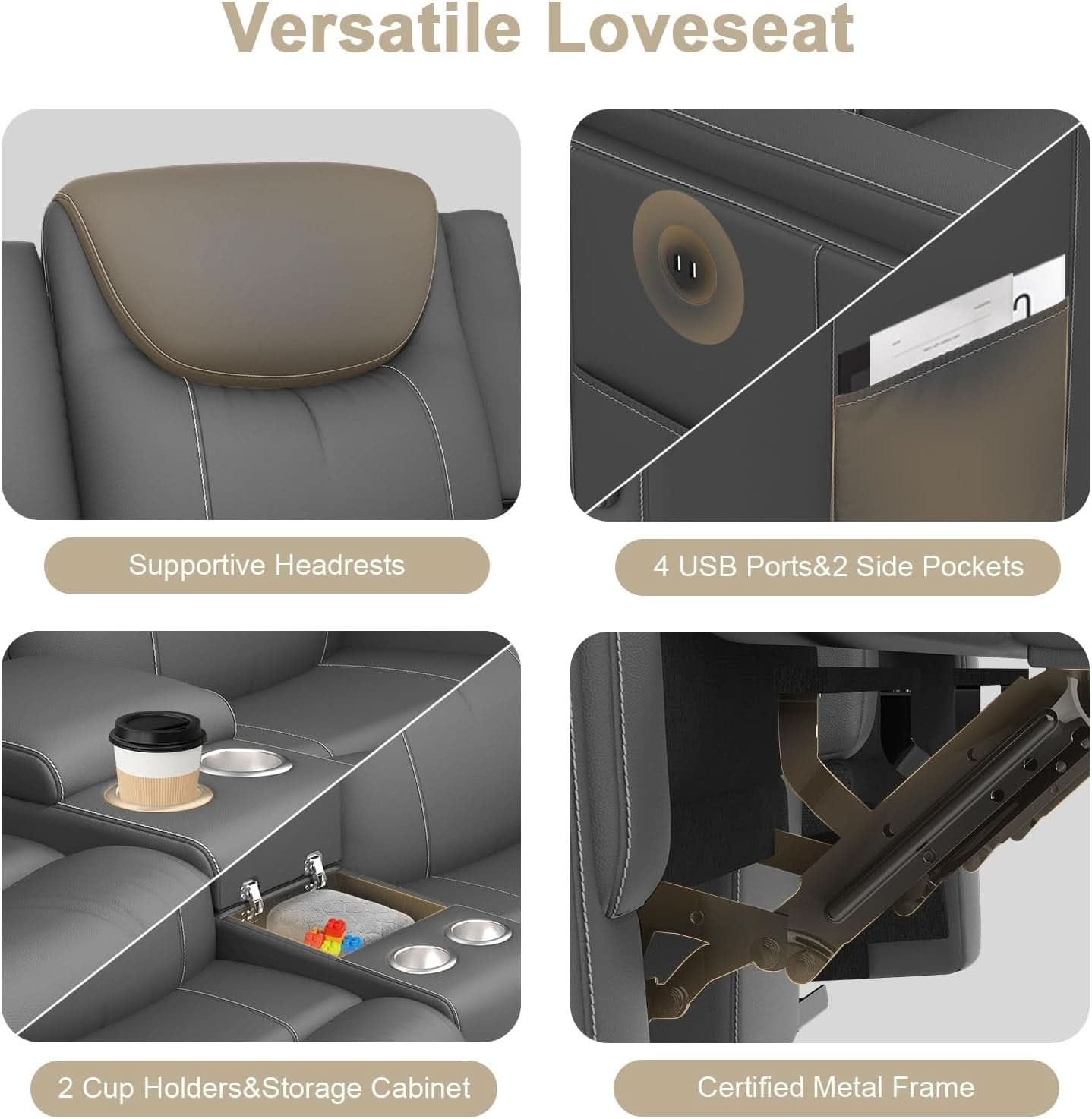 Gray PU Leather ErgoPrime Double Recliner Loveseat With USB