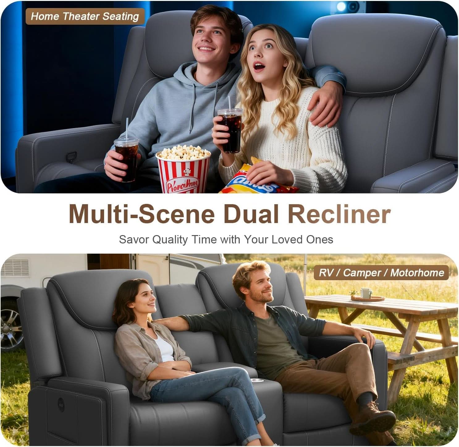 Gray PU Leather ErgoPrime Double Recliner Loveseat With USB