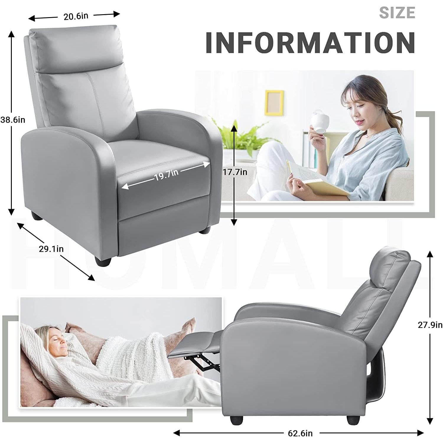 Gray PU Leather Padded Recliner Chair With Three Position