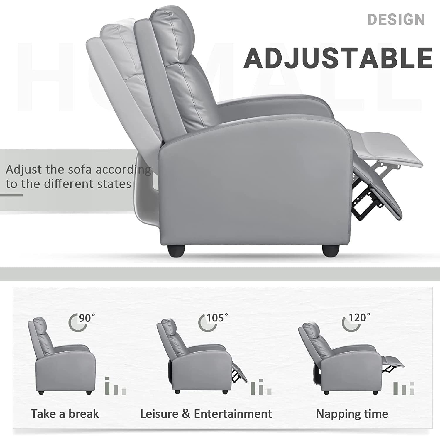 Gray PU Leather Padded Recliner Chair With Three Position