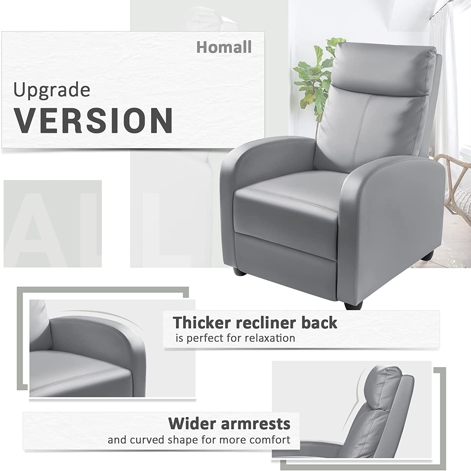 Gray PU Leather Padded Recliner Chair With Three Position