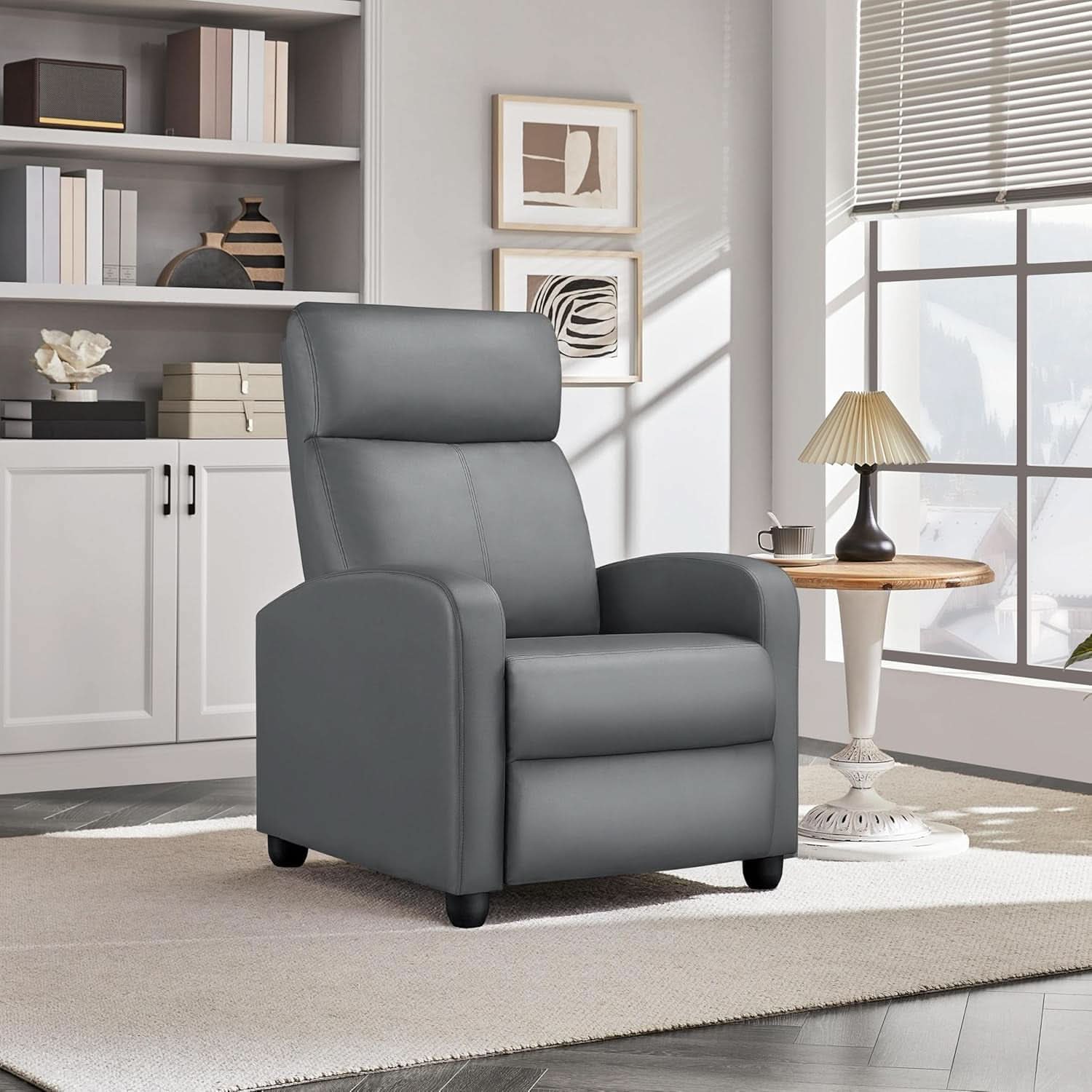 Gray PU Leather Recliner Chair With Lumbar Support