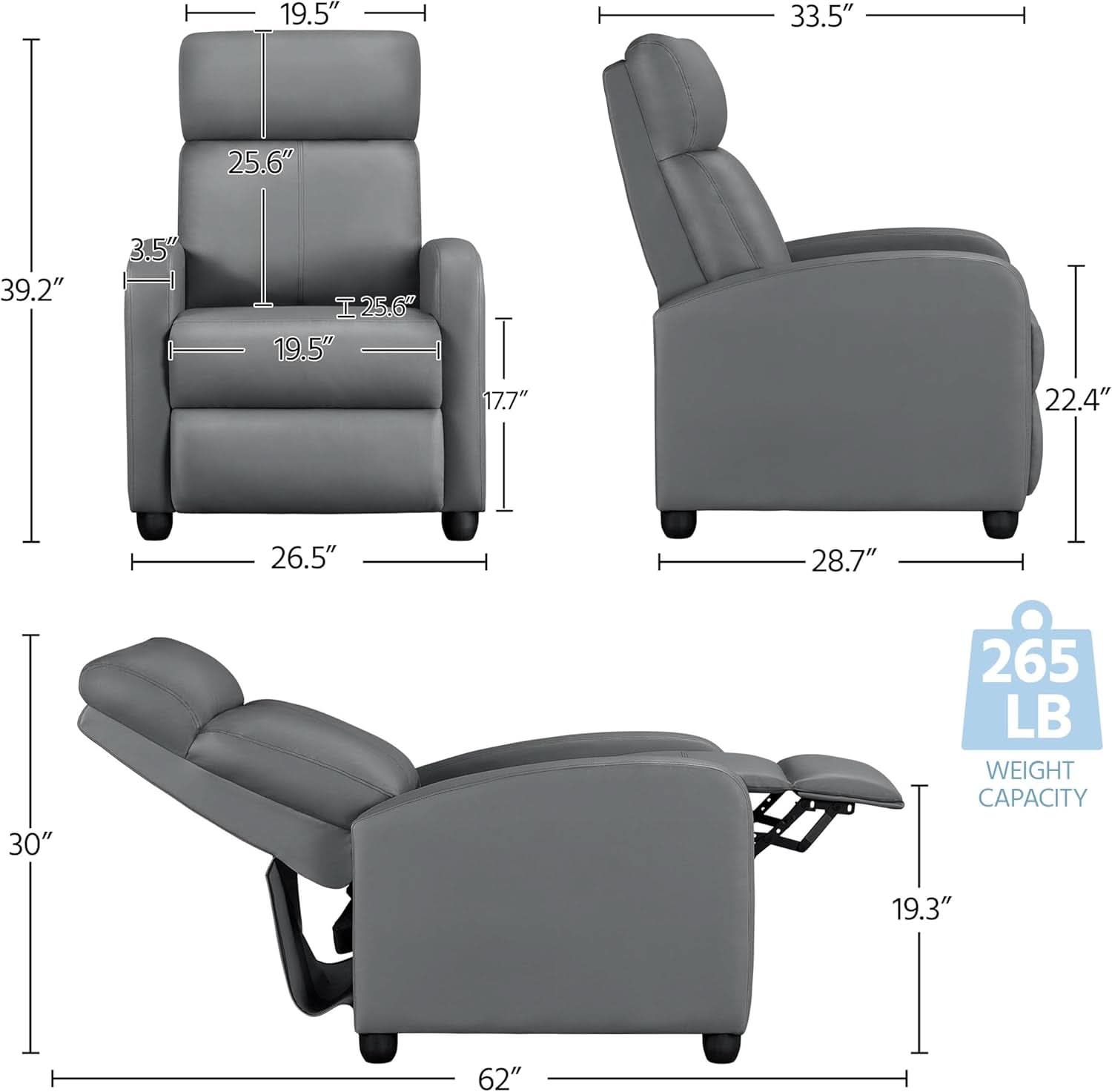 Gray PU Leather Recliner Chair With Lumbar Support