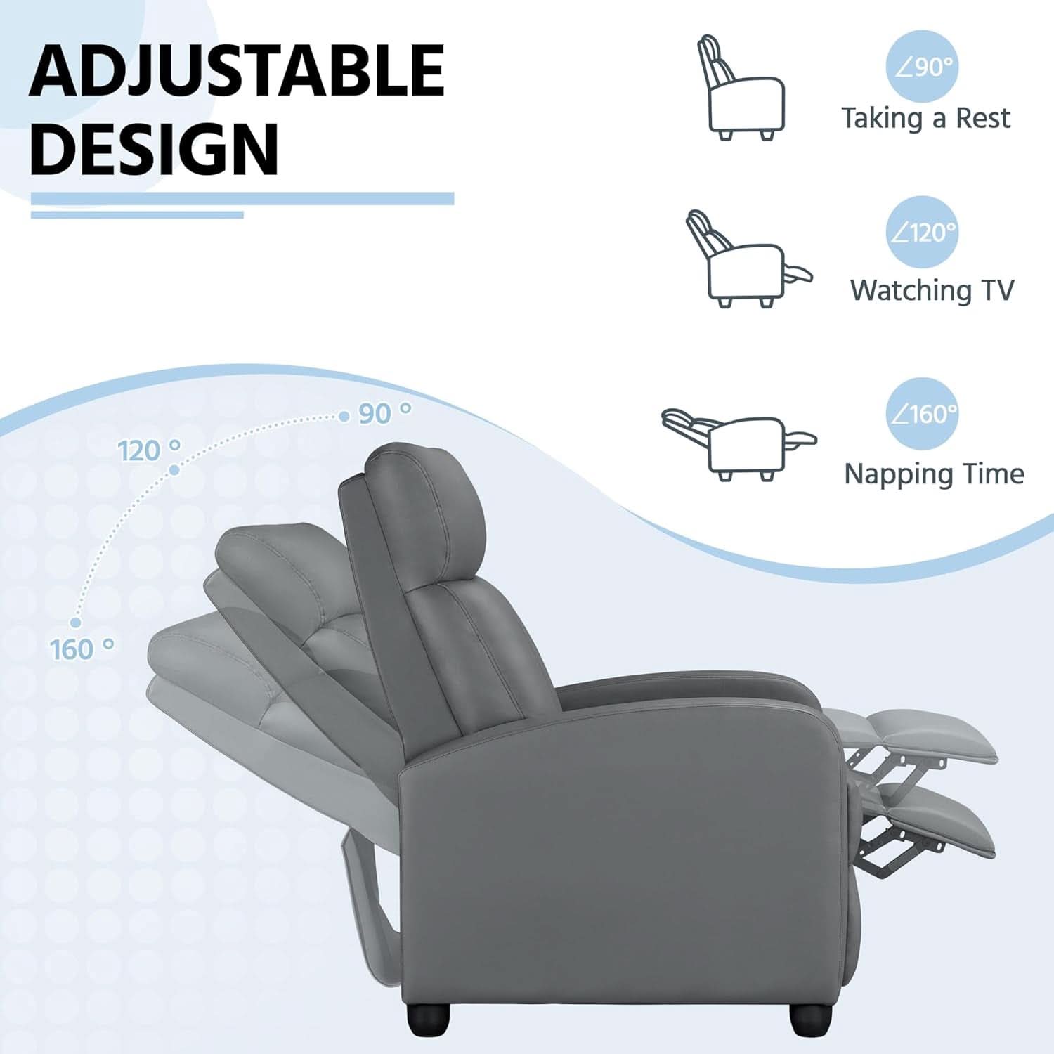 Gray PU Leather Recliner Chair With Lumbar Support