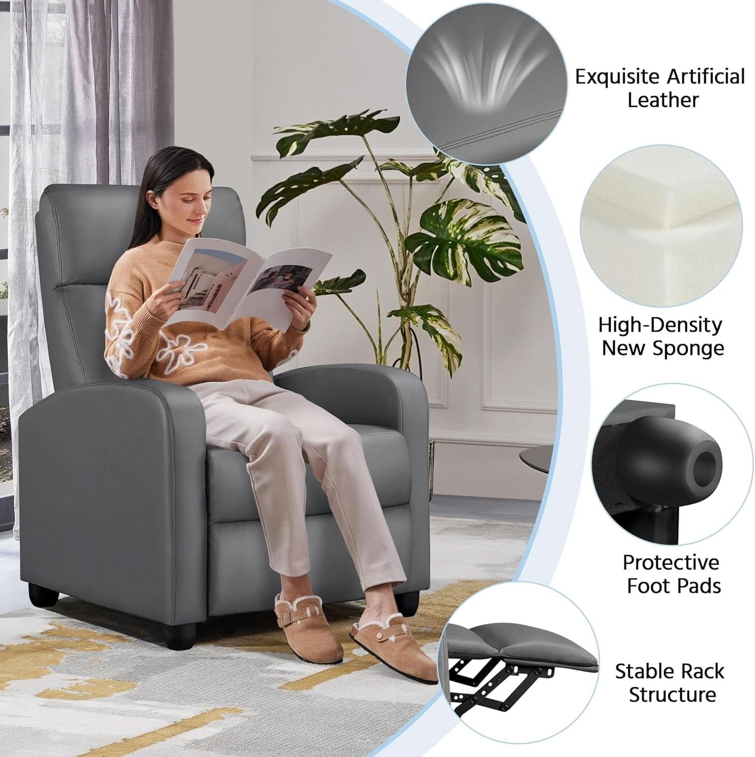 Gray PU Leather Recliner Chair With Lumbar Support
